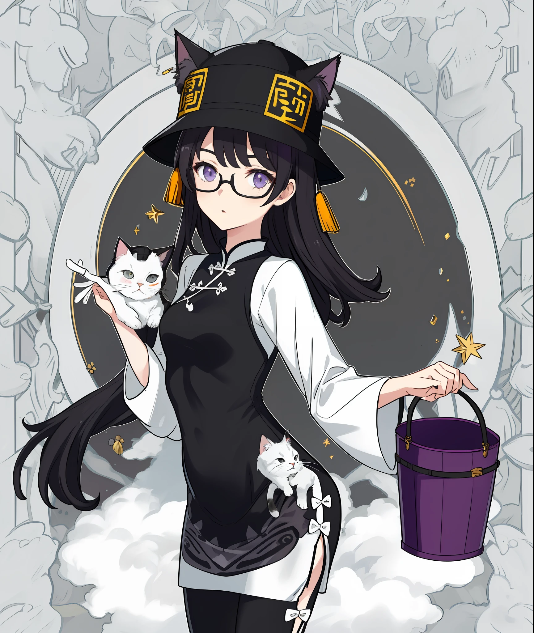 1girll,Black hair，purple-tinted eyewear，Side Body，Adolescent beautiful girl body，Cat's ear cap，bucket-hat，Black and white cheongsam，Phnom rimmed pattern，tightsuit，Tight cheongsam