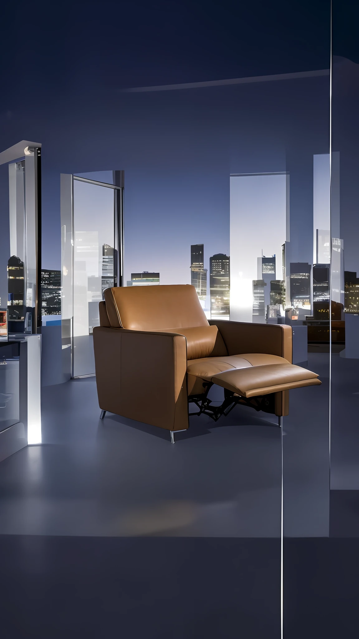 Sophisticated advertising，Night view of the city in the background，Suspended glass，Chivas Reflex bottle，City-view rooms include lounge chairs, Product photo, advertisement picture, product introduction photos, luxurious furniture, product introduction photos, ellegance, Leather sofa,  furniture concept photo!!, high quality product image”, armchairs, product image, furniture photography, designer furniture, imagem de qualidade alta, Commercial shooting, Leather sofa night view city line，llight rays