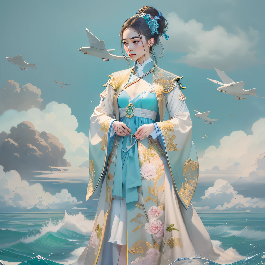 A young woman wearing Han clothes,Pale green dress,The cuffs are embroidered with light blue peonies,The silver thread outlined several auspicious clouds,The hem is densely packed with a row of blue sea water clouds,On the chest is a wide pale yellow brocade wrapped around the chest