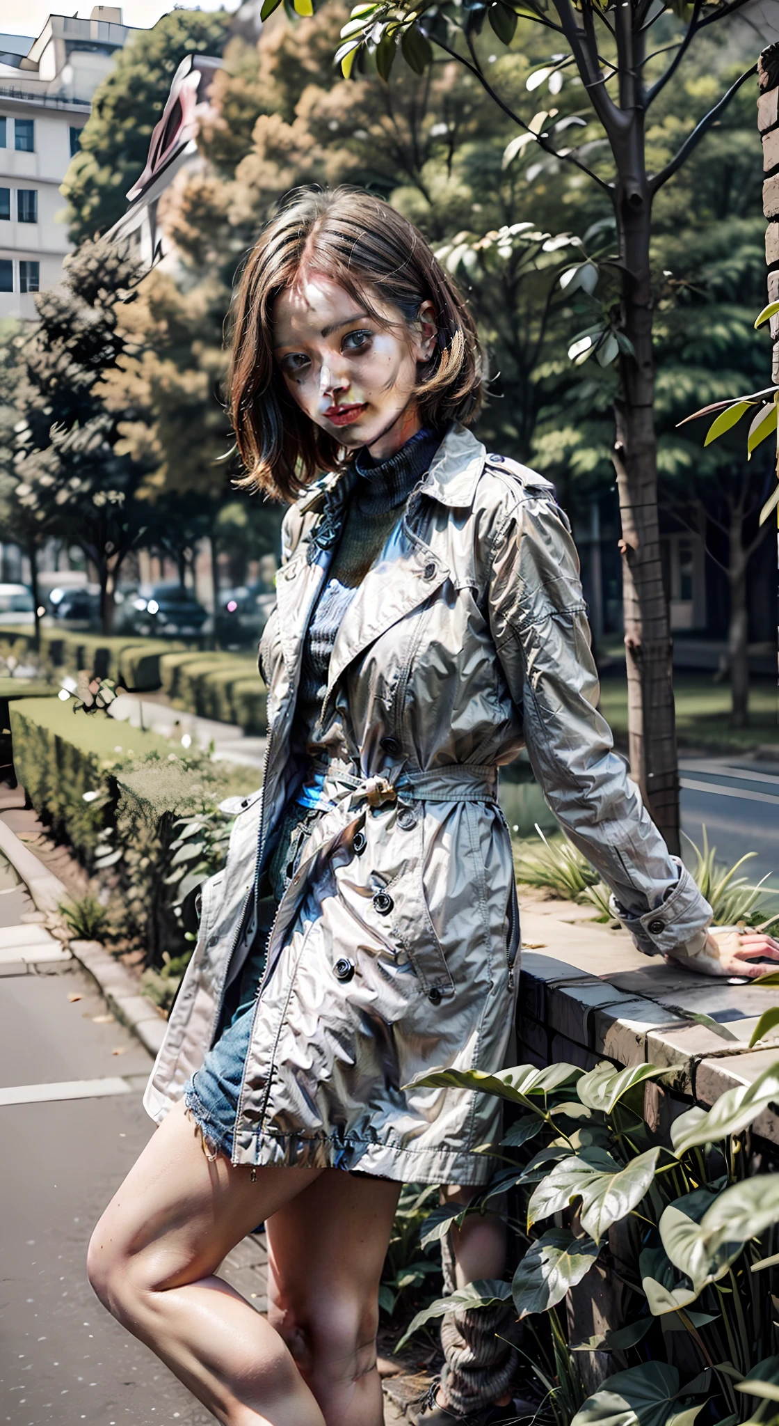 Riverside forest background,1womanl,White trench coat,short detailed hair,looks into camera,sitted,A shallow smile