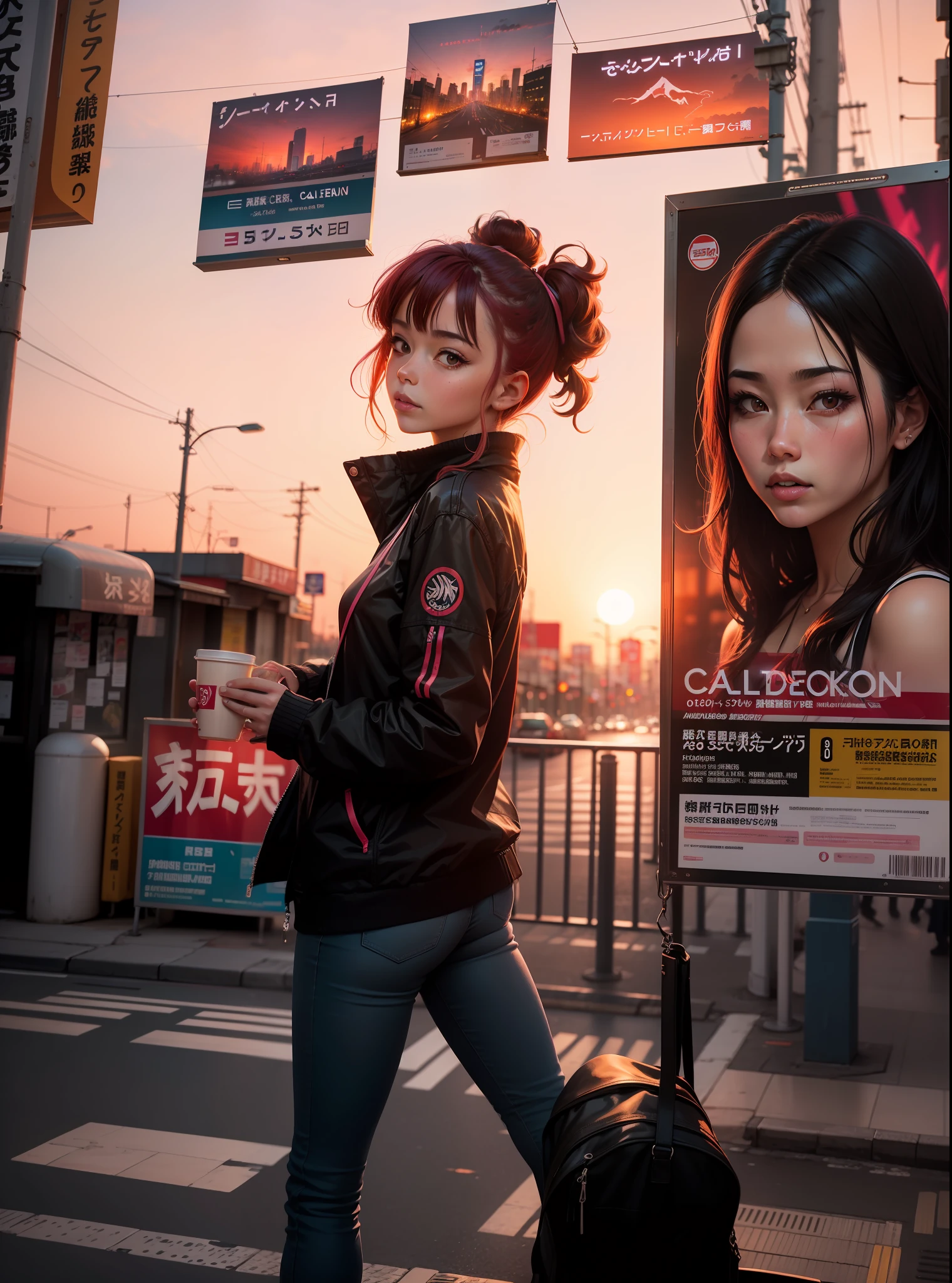 Viendo un rojo y hermoso atardecer en las calles de tokio llenas de carteles de neon