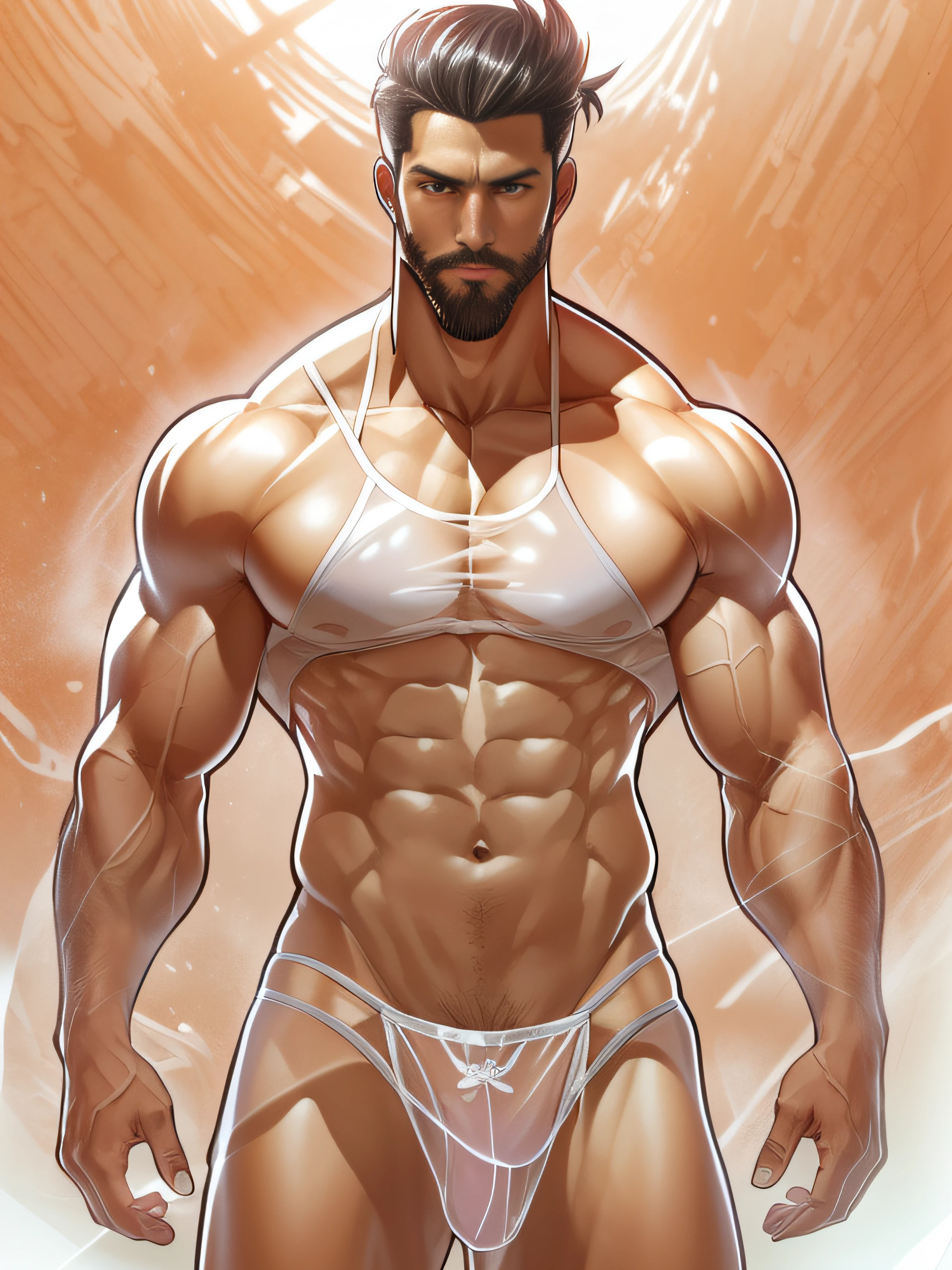 (Masterpiece, Best quality, offcial art, Aesthetic: 1.2), (Super detail), (Clear plastic tong: 1.2) ((Short hair, Short beard: 1.3)) ((Short hair, Muscular 32 years old: 1.3)) Fine details, Most Best Illustration, hand-drawn high quality, (High contrast), (Clean lines: 1.3), (Naked muscular macho art), Line drawing, (Complex lines), Clear lines, Fractal art, , , (full-body portraits, see-through thong, Extreme close-up: 1.1), (Muscular man, White transparent thong: 1.4) (Continuous golden desert Gobi background: 1.3), The perfect feature of a supermodel, whole body show (Short hair, beard stubble), Thong boy, Surround composition, Perfect chest and abs, Mysterious night, Extremely provocative and sexy (Add details), (Detailed background: 1.2), (core,), high resolution, Extreme detail ((Super art, Wear only a pair of white transparent thongs, Internal genital structures can be seen: 1.3)) ((Full body display, Extreme detail display: 1.2)) (Yuko Yuguchi style, 1.4), Higuchi Yuko style, (By Yoh: 1.2),
