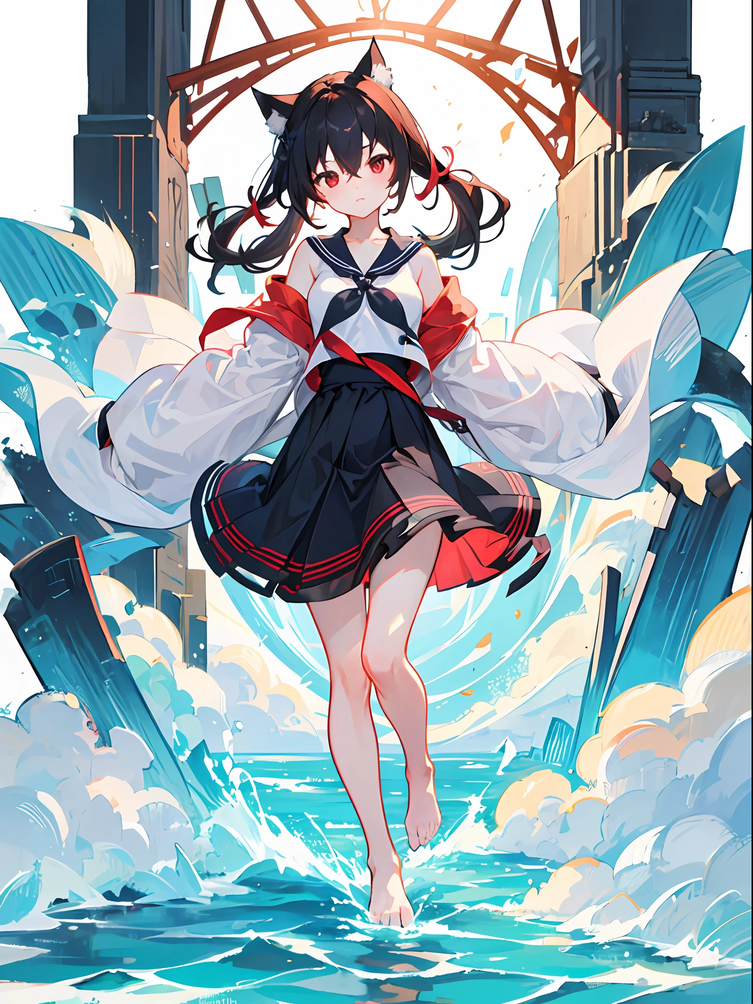 full body ,white background ,1girl ,bare shoulders ,black hair ,red eyes ,long hair ,wide sleeves ,bare legs ,bare feet ,sailors shirt ,hair between eyes ,big breasts ,loli ,child ,cat ears