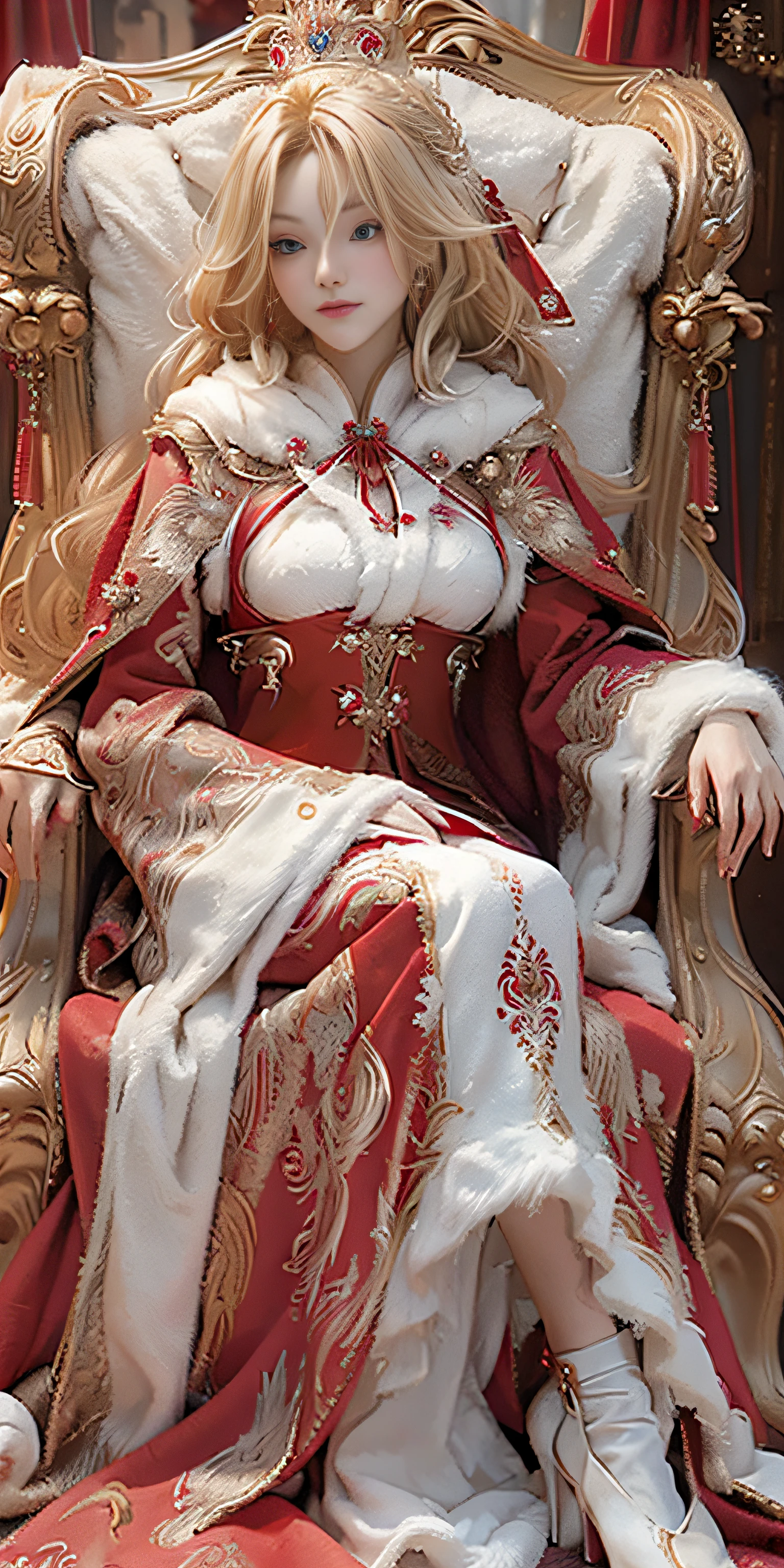 Masterpiece, realistic, realistic: extremely complex, realistic, extremely complex, 1girl, (blonde), crown, red robe, baroque black dress, red cloak, white, cape: fur trim, covering, fur cloak, queen's cloak, forehead, sitting, red eyes, corset, bridal gloves, throne,