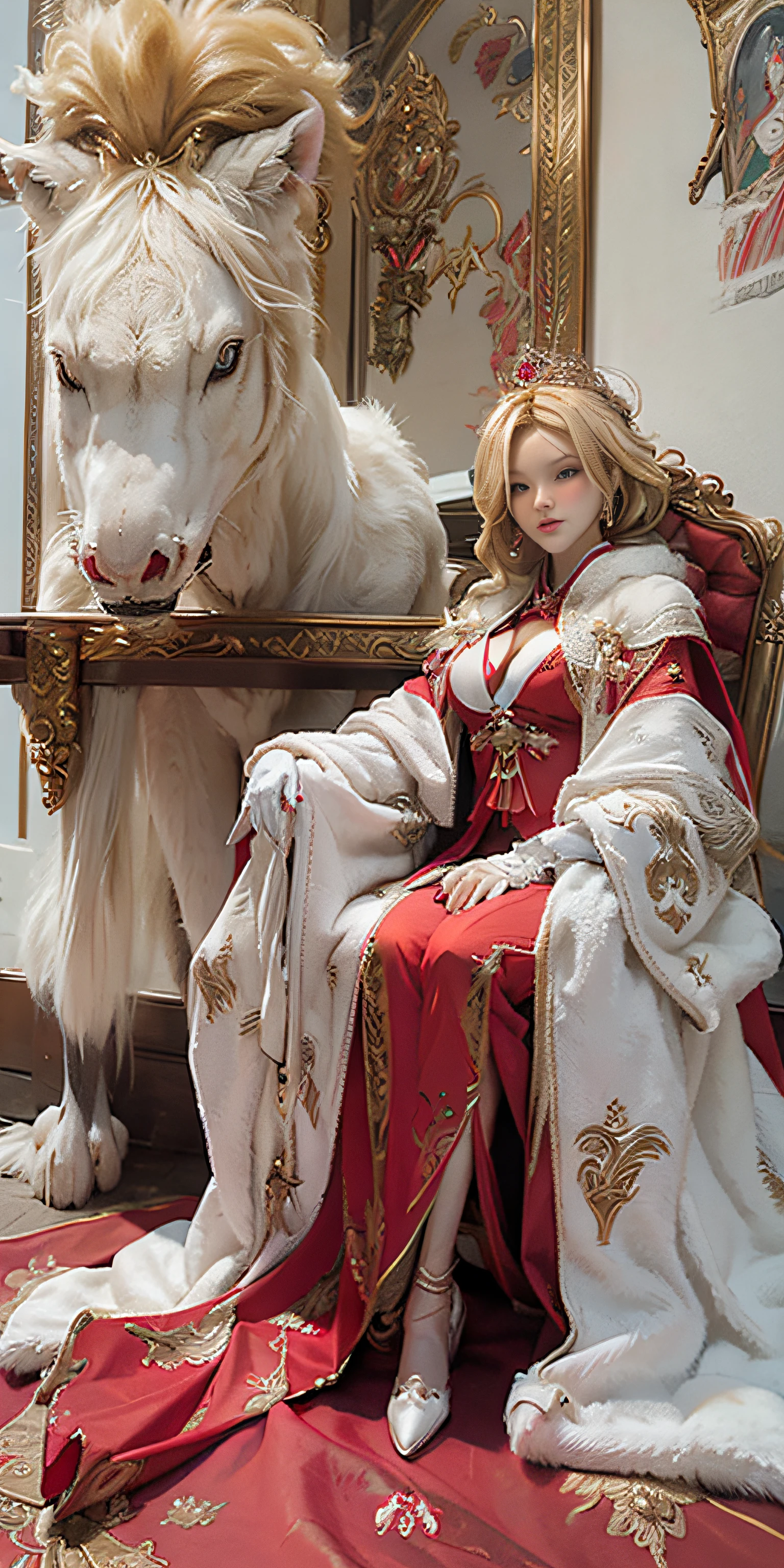 Masterpiece, realistic, realistic: extremely complex, realistic, extremely complex, 1girl, (blonde), crown, red robe, baroque black dress, red cloak, white, cape: fur trim, covering, fur cloak, queen's cloak, forehead, sitting, red eyes, corset, bridal gloves, throne,