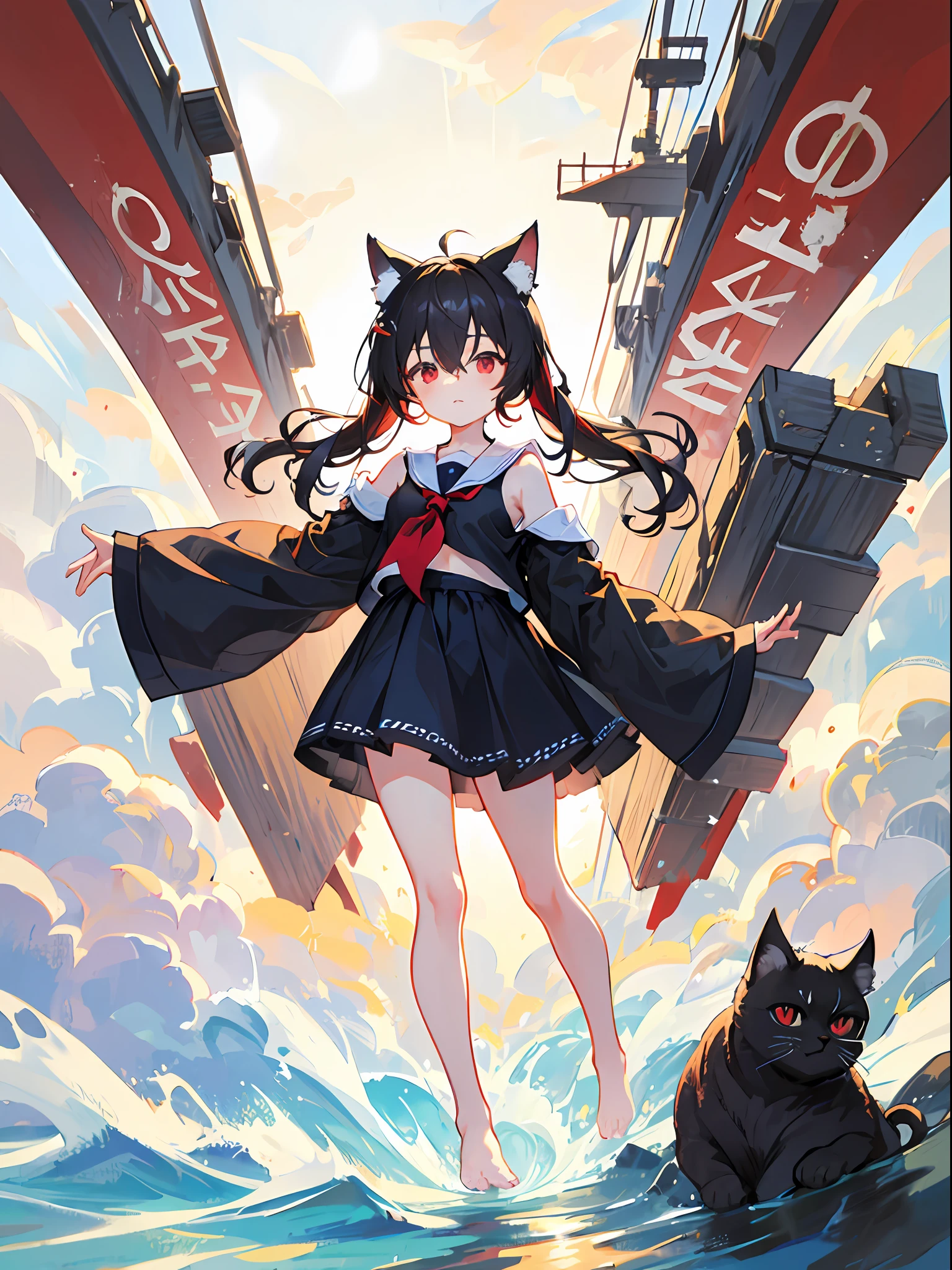 full body ,white background ,1girl ,bare shoulders ,black hair ,red eyes ,long hair ,wide sleeves ,bare legs ,bare feet ,sailors shirt ,hair between eyes ,big breasts ,loli ,child ,cat ears