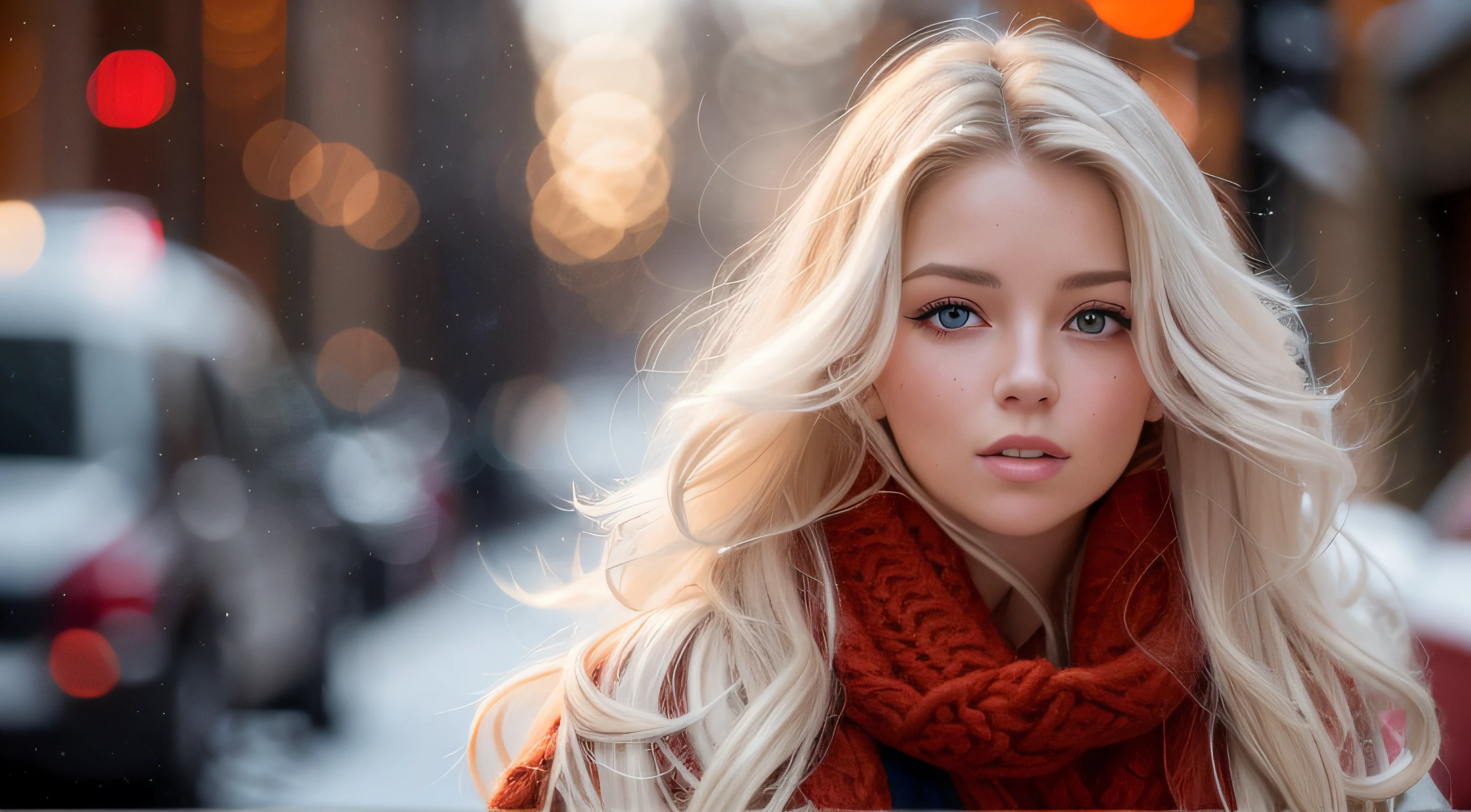 backlighting professional portrait photograph of a gorgeous Norwegian girl in winter clothing with long wavy white hair, sultry flirty look, (freckles:0.5), gorgeous symmetrical face, cute natural makeup, wearing elegant red winter fashion clothing, standing outside in snowy city street