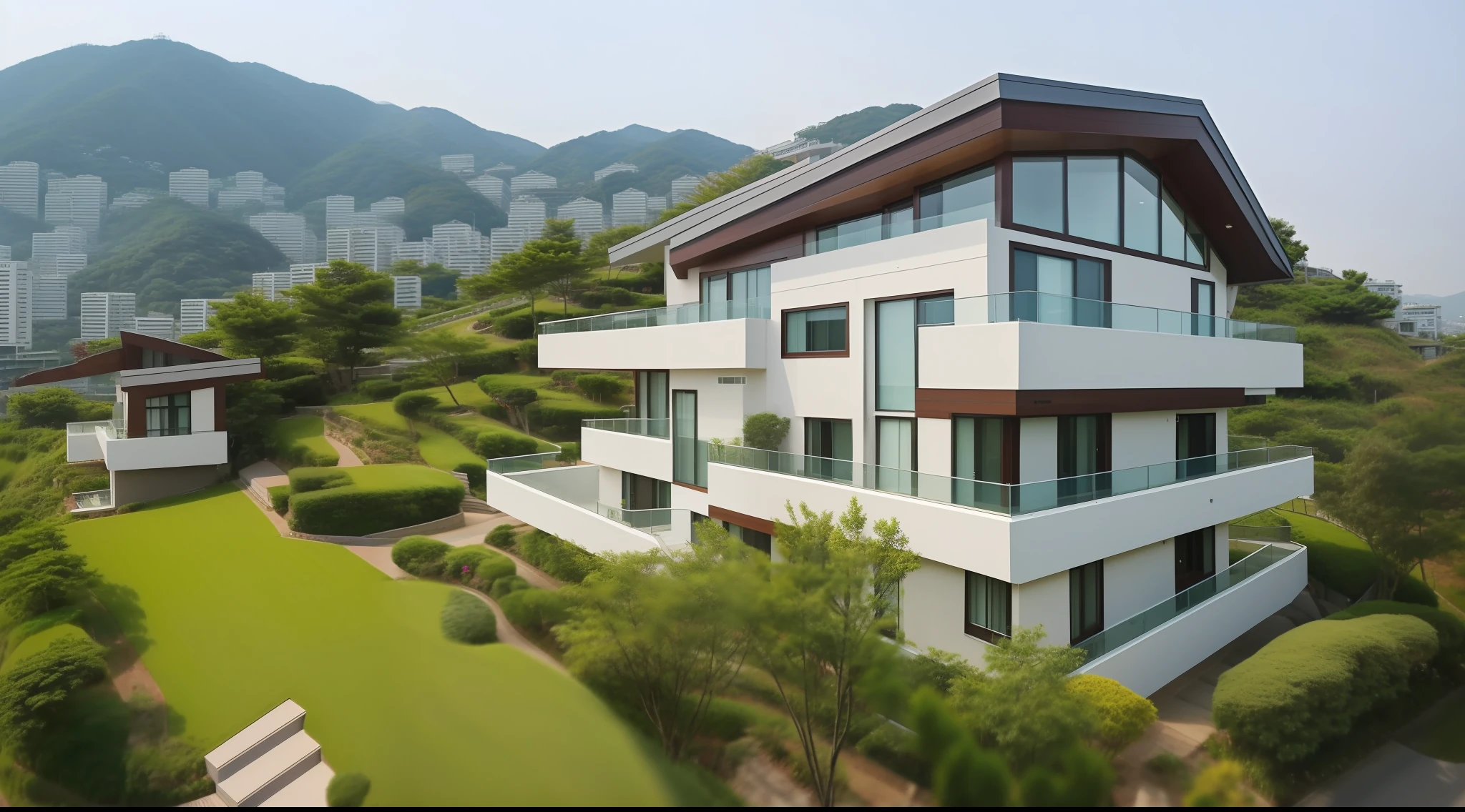 300,000m2, gentle hill with a view of Yeosu sea in Korea, detached housing complex, four-story apartment, 100 houses, siding-finished common people's houses, roads, green areas, downtowns, wide views, and bird-eye views