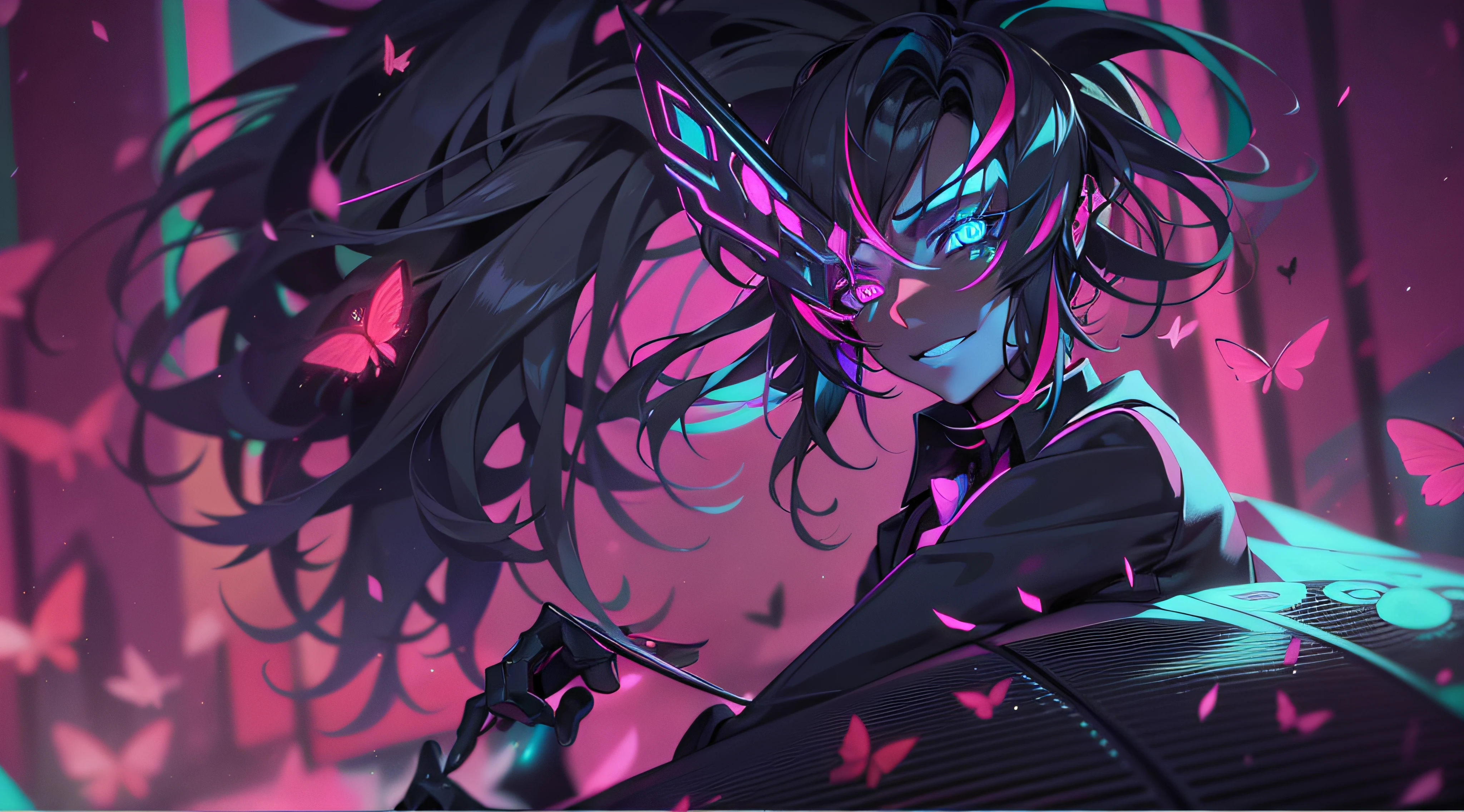 A male, sit on chair, In black suit, Butterflies flutter around, stage lighting, cyber punk perssonage, Neon background, streaked hair, bright pupils, seductive smile, film grain, motion lines, Hyperrealism, bokeh, f/1.8, masterpiece, highres, 16k