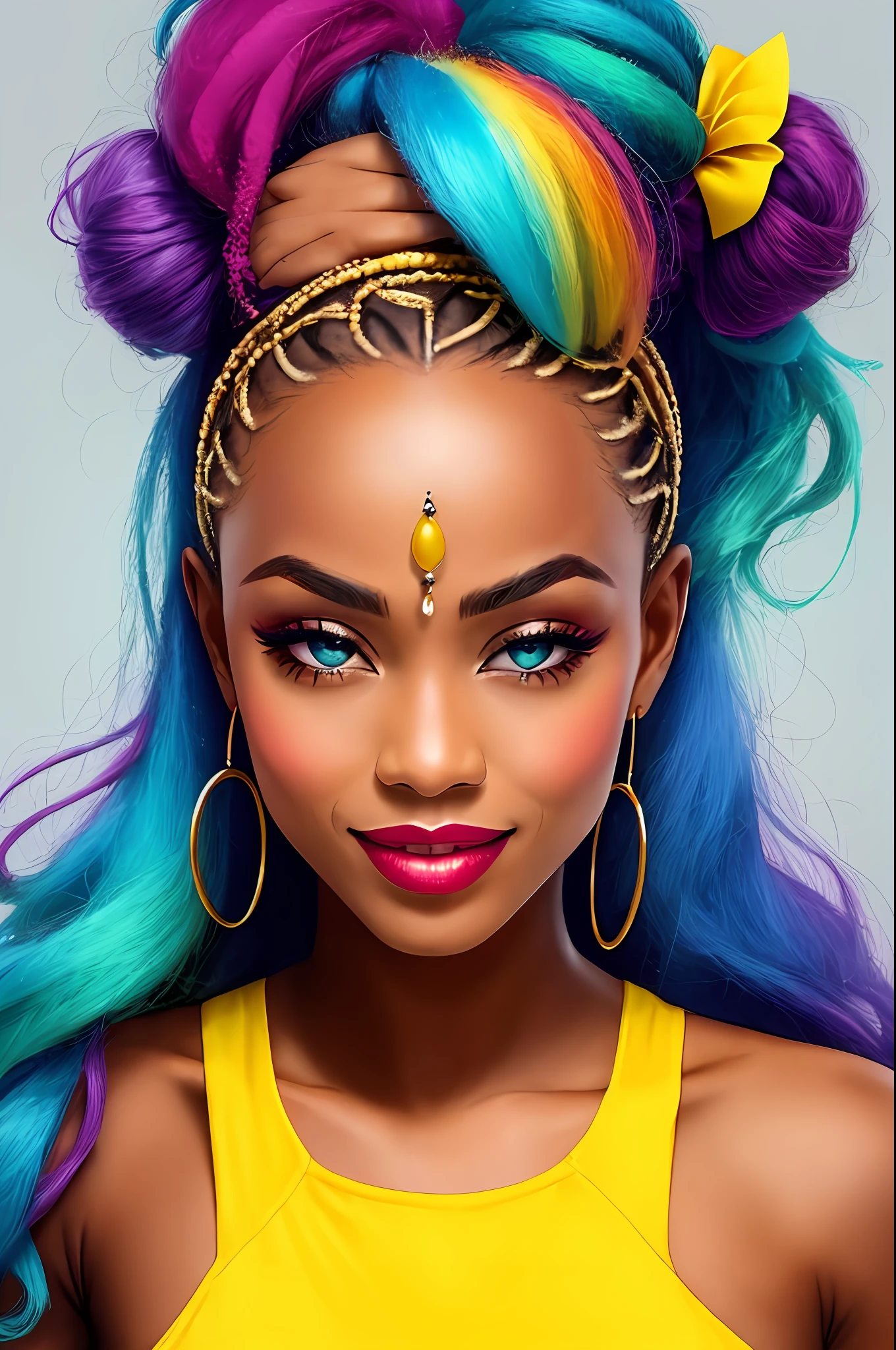description: Gere uma imagem da Harley quinn (corpo inteiro)with totally African characteristics, incluindo pele escura, cabelo enrolado e colorido.)
Instructions for generating the image:
1. A Arlequina deve ser representada como uma mulher (africana, com pele escura )and facial features that reflect the ethnic and cultural diversity of the African continent.
2. Seu cabelo deve ser naturalmente (enrolado, com cachos definidos e cheios), demonstrando a beleza dos diferentes estilos e texturas de cabelo afro.
3. Hair coloring should be vibrant, usando cores como azul, rosa, verde ou roxo, que combinem harmoniosamente com sua (pele escura )e realcem sua personalidade marcante.
4. Ela deve estar vestindo um traje de batalha)na personagem original da Arlequina, with a predominance of black and red colors, azul,amarelo e rosa,but with elements that value the richness of cultural traditions( africanas.)
5. Harley Quinn's pose should be dynamic, reflecting his outgoing and energetic personality,sorridente) and allowing you to highlight your African identity with confidence.
6. O fundo da imagem pode ser uma paisagem urbana, allusion to a cyber punk city t, or any scenery that refers to the bustling city, mas com elementos que possam representar a cultura africana de forma respeitosa, respeitoso, Sensitive and respectful way;, avoid stereotypes and cultural appropriation. Enfatize a beleza e a diversidade da cultura africana, proporcionando uma imagem empoderadora da Arlequina.
Contar: Use sensory descriptions to enhance the image, destacando a (textura do cabelo,) os detalhes do traje, the facial expression and atmosphere of the scenery.
da Arlequina; 8k