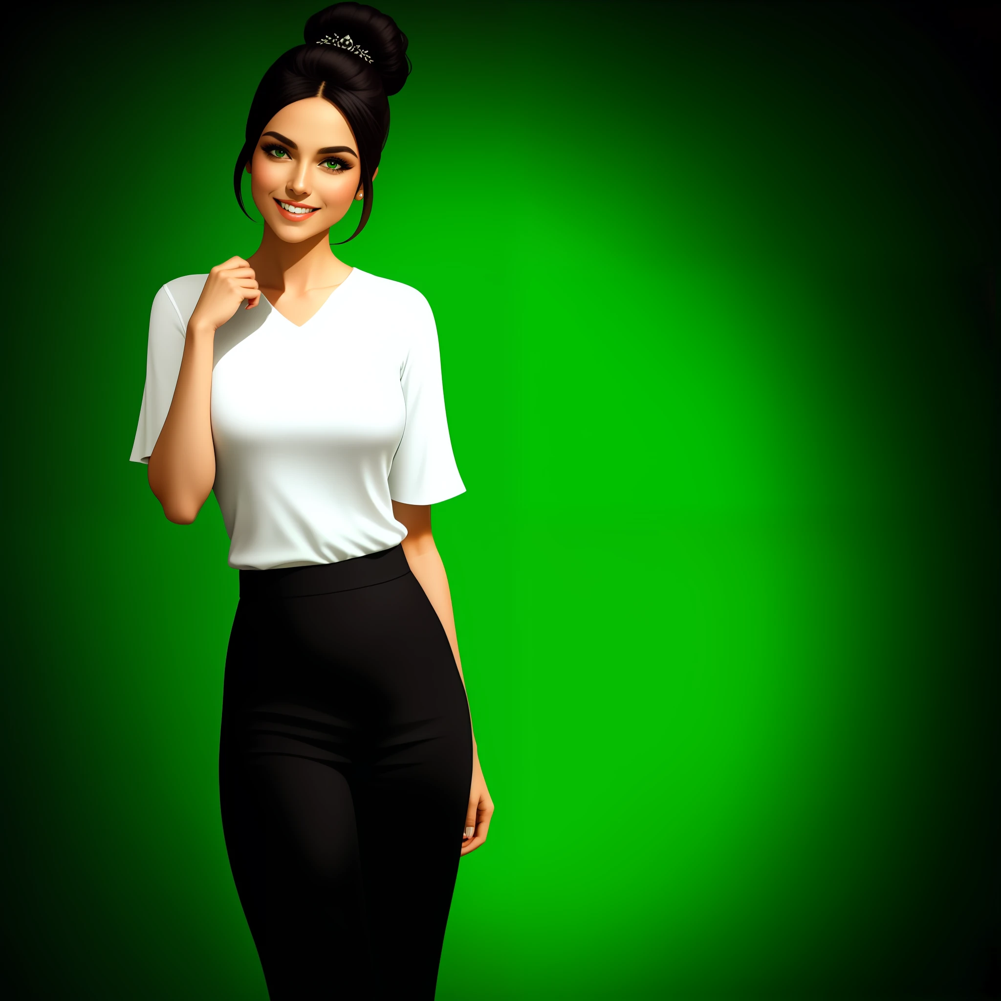 A captivating woman on a solid green background. She's the sole focus of the scene, and no distractions. Demonstrate confidence and professionalism, veste um terno elegante com blusa branca, saia preta e sapatos de salto alto. Your hair is in a sophisticated bun, Conveys fascination and charisma, while posing smiling in front of the camera.(definido contra um fundo verde minimalista)