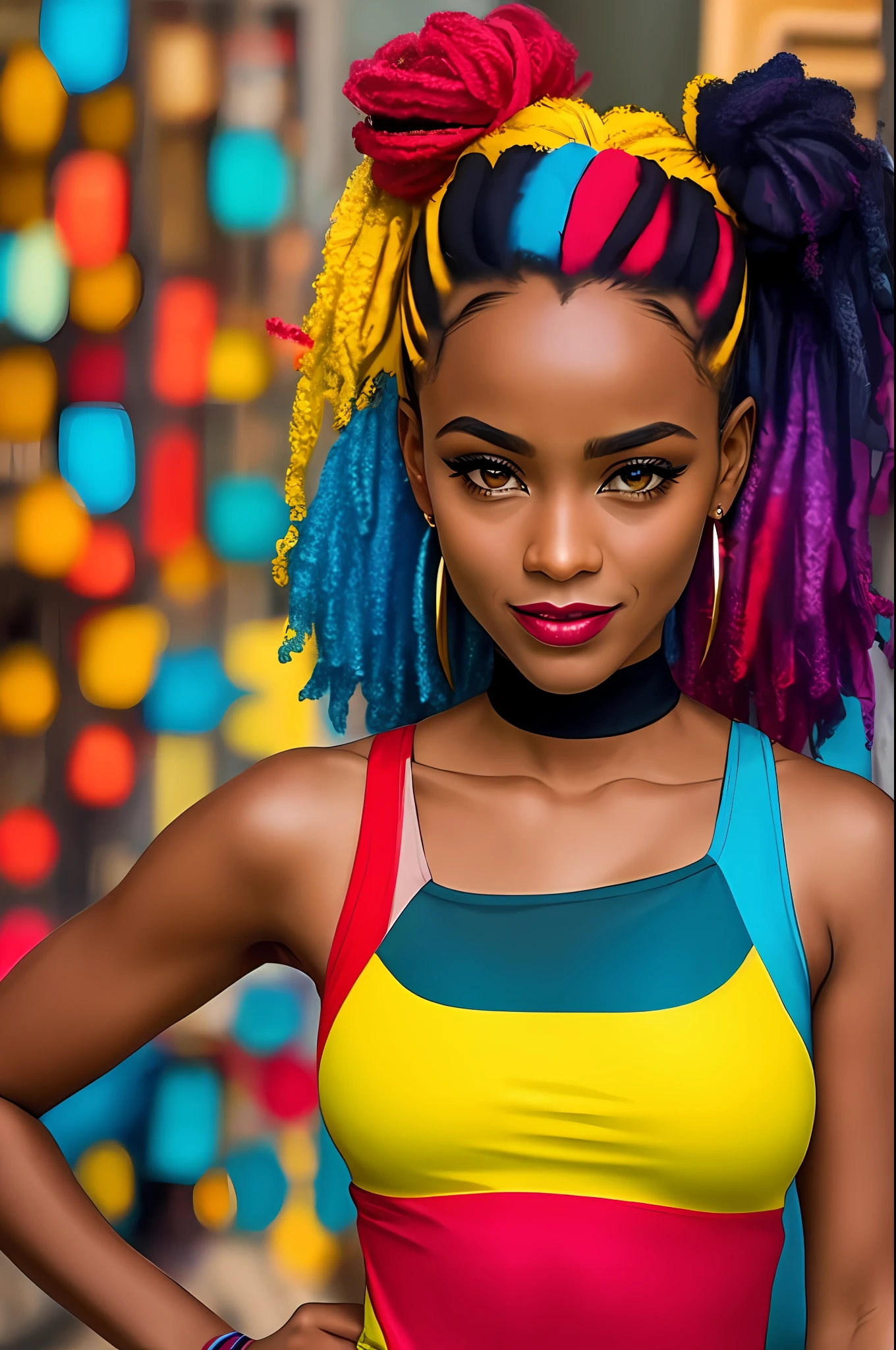 description: Gere uma imagem da Harley quinn (corpo inteiro)with totally African characteristics, incluindo pele escura, cabelo enrolado e colorido.)

Instructions for generating the image:
1. A Arlequina deve ser representada como uma mulher (africana, com pele escura )and facial features that reflect the ethnic and cultural diversity of the African continent.
2. Seu cabelo deve ser naturalmente (enrolado, com cachos definidos e cheios), demonstrando a beleza dos diferentes estilos e texturas de cabelo afro.
3. Hair coloring should be vibrant, usando cores como azul, rosa, verde ou roxo, que combinem harmoniosamente com sua (pele escura )e realcem sua personalidade marcante.
4. Ela deve estar vestindo um traje de batalha)na personagem original da Arlequina, with a predominance of black and red colors, azul,amarelo e rosa,but with elements that value the richness of cultural traditions( africanas.)
5. Harley Quinn's pose should be dynamic, reflecting his outgoing and energetic personality,sorridente) and allowing you to highlight your African identity with confidence.
6. O fundo da imagem pode ser uma paisagem urbana, allusion to a cyber punk city t, or any scenery that refers to the bustling city, mas com elementos que possam representar a cultura africana de forma respeitosa, respeitoso, Sensitive and respectful way;, avoid stereotypes and cultural appropriation. Enfatize a beleza e a diversidade da cultura africana, proporcionando uma imagem empoderadora da Arlequina.

Contar: Use sensory descriptions to enhance the image, destacando a (textura do cabelo,) os detalhes do traje, the facial expression and atmosphere of the scenery.
 da Arlequina; 8k