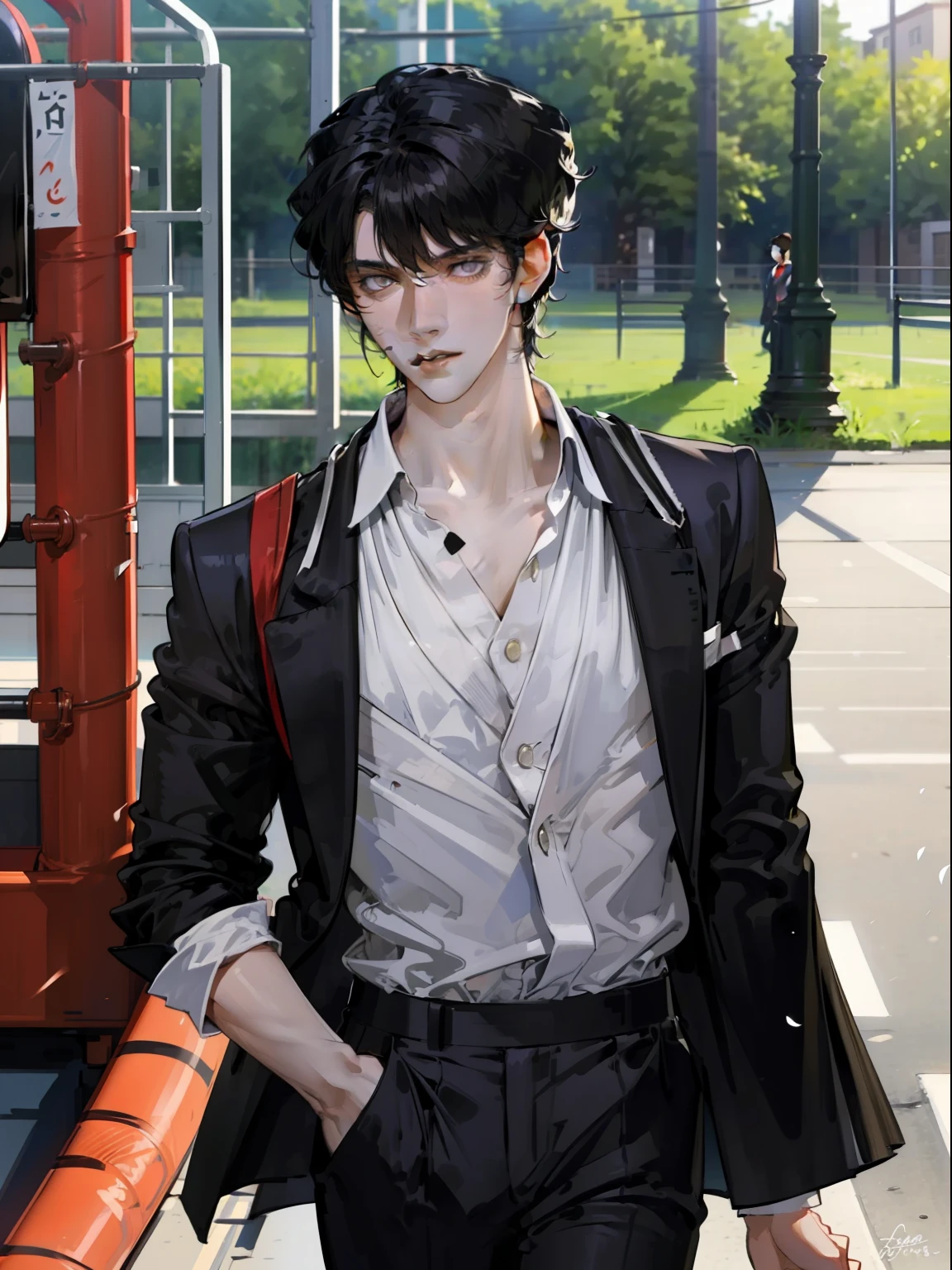 An energetic teenager，Ruddy skin，white complexion，hair black，in school uniform，Short white top，Take a walk in the playground，The background is blurred out，Handsome and cute，schoolboy，Staggered bangs，hair straight，voluminous hair，style of anime