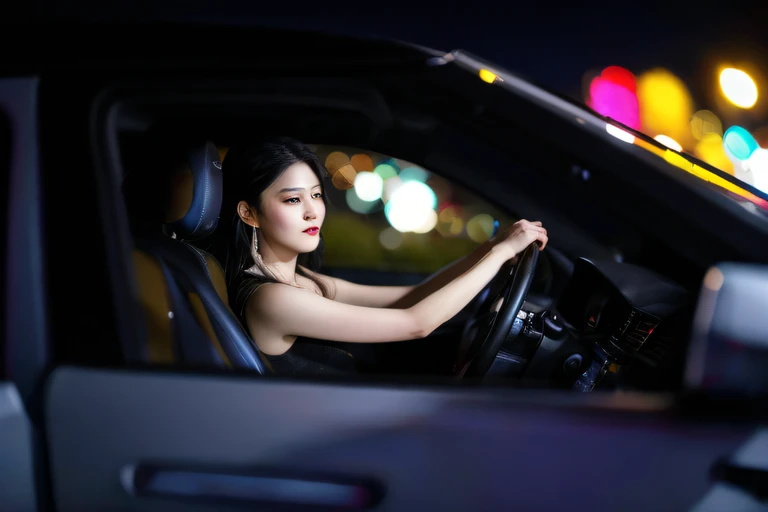 Arapei woman driving in car at night Driving at night, Drive fast, A high resolution, portrait shooting, mid shot portrait, Driving, deep in the night, busy night, LED, auto photography, nightlife, Use Canon R5, close up portrait shot,cyber punk perssonage --auto