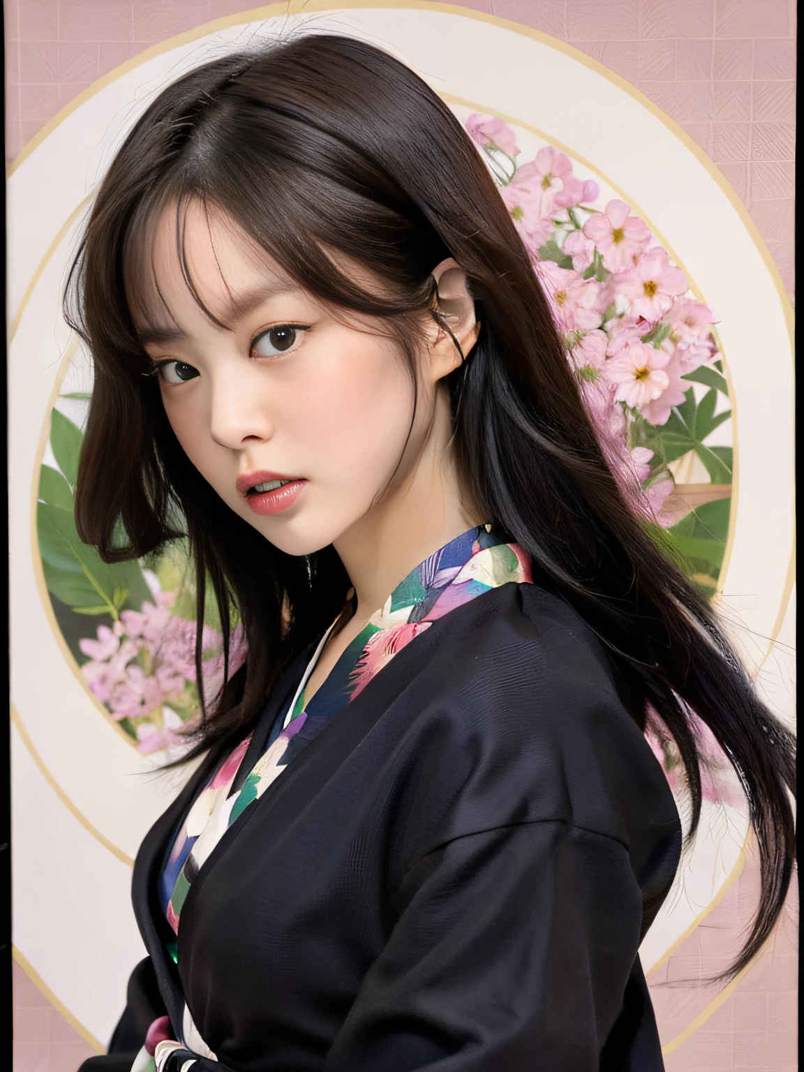 Jennie face shape, a woman in a black dress, complex hakama, hakama kimono, Japanese clothing, 1 9 2 0 s, 1920s, 1 9 2 0 cloth style, wearing hakama, 1 9 1 0 s, 1910s, inspired by Akira Yamamoto