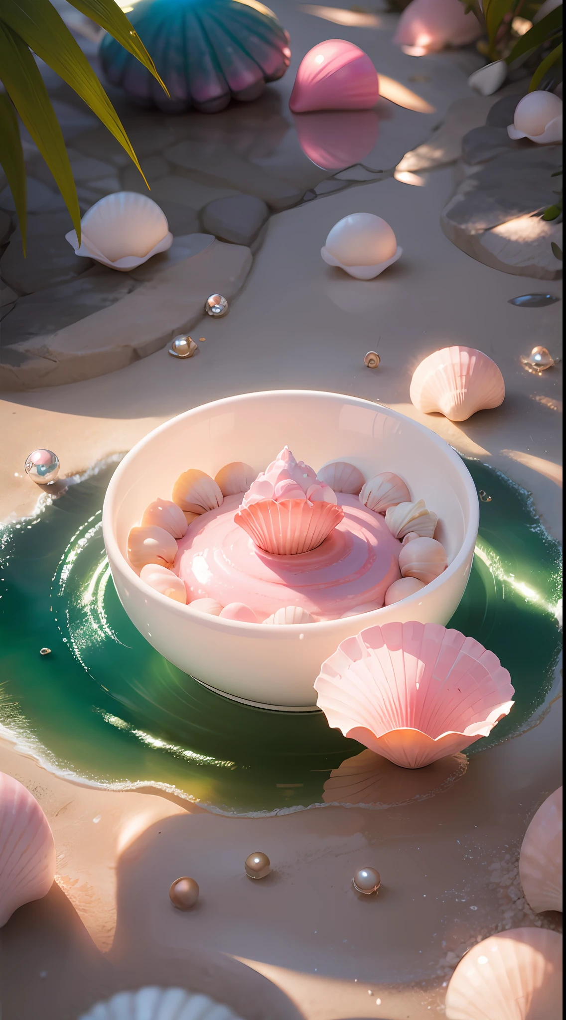 (8K, Raw photo, Best Quality, masutepiece: 1.2), (Realistic, Realistic: 1.37) There are many pink shells on the beach, there is water, pearls, pearls and shells, soft spills, Pearlization, pink jellyfish everywhere, soft 3D rendering, ethereal bubbles, bubble landscape, Iray shader, Soft pink, pink reflections, pearl sky, shells, paradise pink, Pastel colors, pink pastels,Pink Fairy