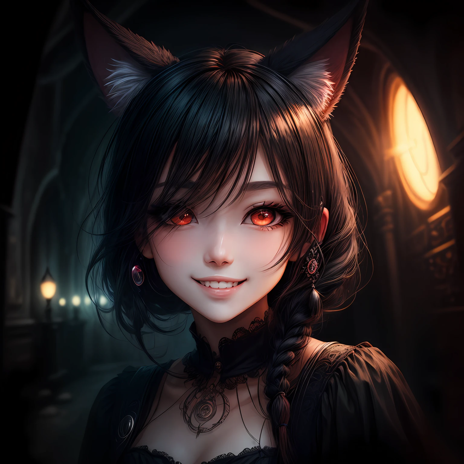 black hair, hair bobbles, longeyelashes, solid circle eyes, fake animal ears, light smile, ear blush, fang, Surrealism, drop shadow, anaglyph, tachi-e, pov, atmospheric perspective, Gothic art, 8k, super detail, ccurate, best quality, UHD --auto