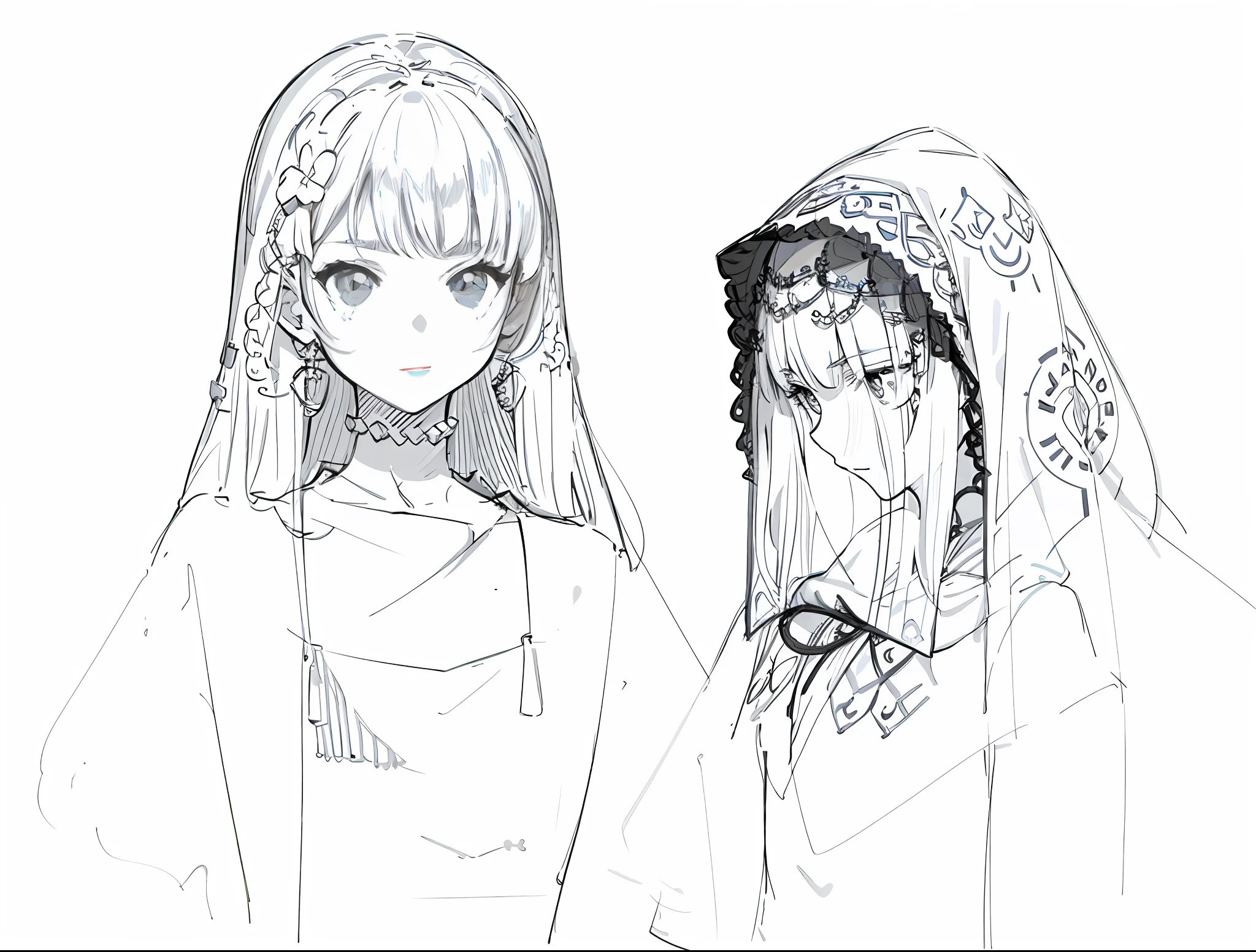 sketches of two women in head scarves and scarves, line sketch, line sketch!!, detailed manga style, shoujo manga character design, traditional drawing style, manga art style, character design sketch, in style of manga, line work concept art, stylized linework, lineart behance hd, detailed character design, illustration and sketch, highly detailed character design