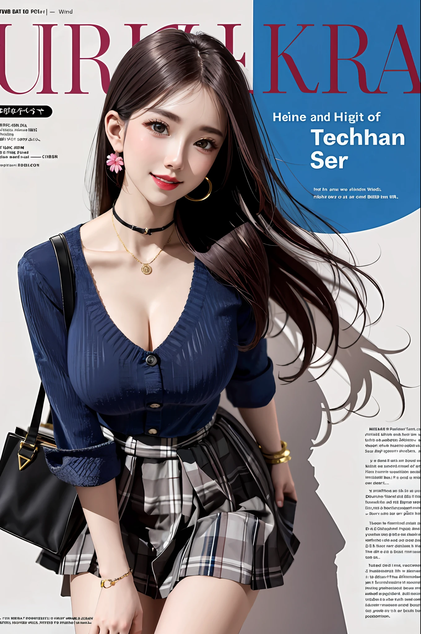 masterpiece, best quality, full body, 1girl, bangs, black choker, black necktie, black hair, blue skirt, blush, bracelet, breasts, choker, clothes around waist, collarbone, collared shirt, cowboy shot, dress shirt, ear piercing, eyebrows visible through hair, gradient hair, grin, gyaru, jewelry, kogal, long hair, looking at viewer, loose necktie, necktie, piercing, plaid, plaid skirt, pleated skirt, red eyes, ring, school uniform, shirt, skirt, smile, solo, white shirt, street, sky, cherry blossoms, petals,illustration, (magazine:1.3), (cover-style:1.3), fashionable, woman, vibrant, outfit, posing, front, colorful, dynamic, background, elements, confident, expression, holding, statement, accessory, majestic, coiled, around, touch, scene, text, cover, bold, attention-grabbing, title, stylish, font, catchy, headline, larger, striking, modern, trendy, focus, fashion,