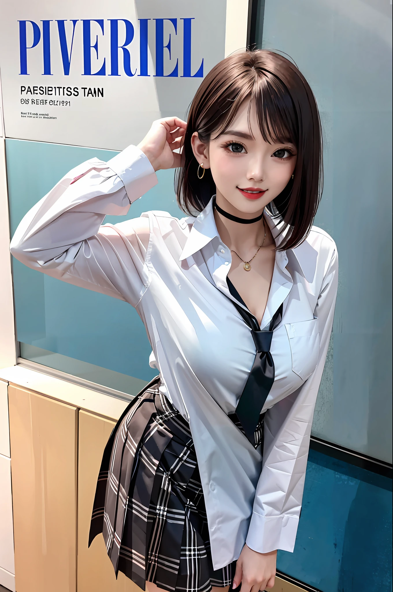 masterpiece, best quality, full body, 1girl, bangs, black choker, black necktie, black hair, blue skirt, blush, bracelet, breasts, choker, clothes around waist, collarbone, collared shirt, cowboy shot, dress shirt, ear piercing, eyebrows visible through hair, gradient hair, grin, gyaru, jewelry, kogal, long hair, looking at viewer, loose necktie, necktie, piercing, plaid, plaid skirt, pleated skirt, red eyes, ring, school uniform, shirt, skirt, smile, solo, white shirt, street, sky, cherry blossoms, petals,illustration, (magazine:1.3), (cover-style:1.3), fashionable, woman, vibrant, outfit, posing, front, colorful, dynamic, background, elements, confident, expression, holding, statement, accessory, majestic, coiled, around, touch, scene, text, cover, bold, attention-grabbing, title, stylish, font, catchy, headline, larger, striking, modern, trendy, focus, fashion,