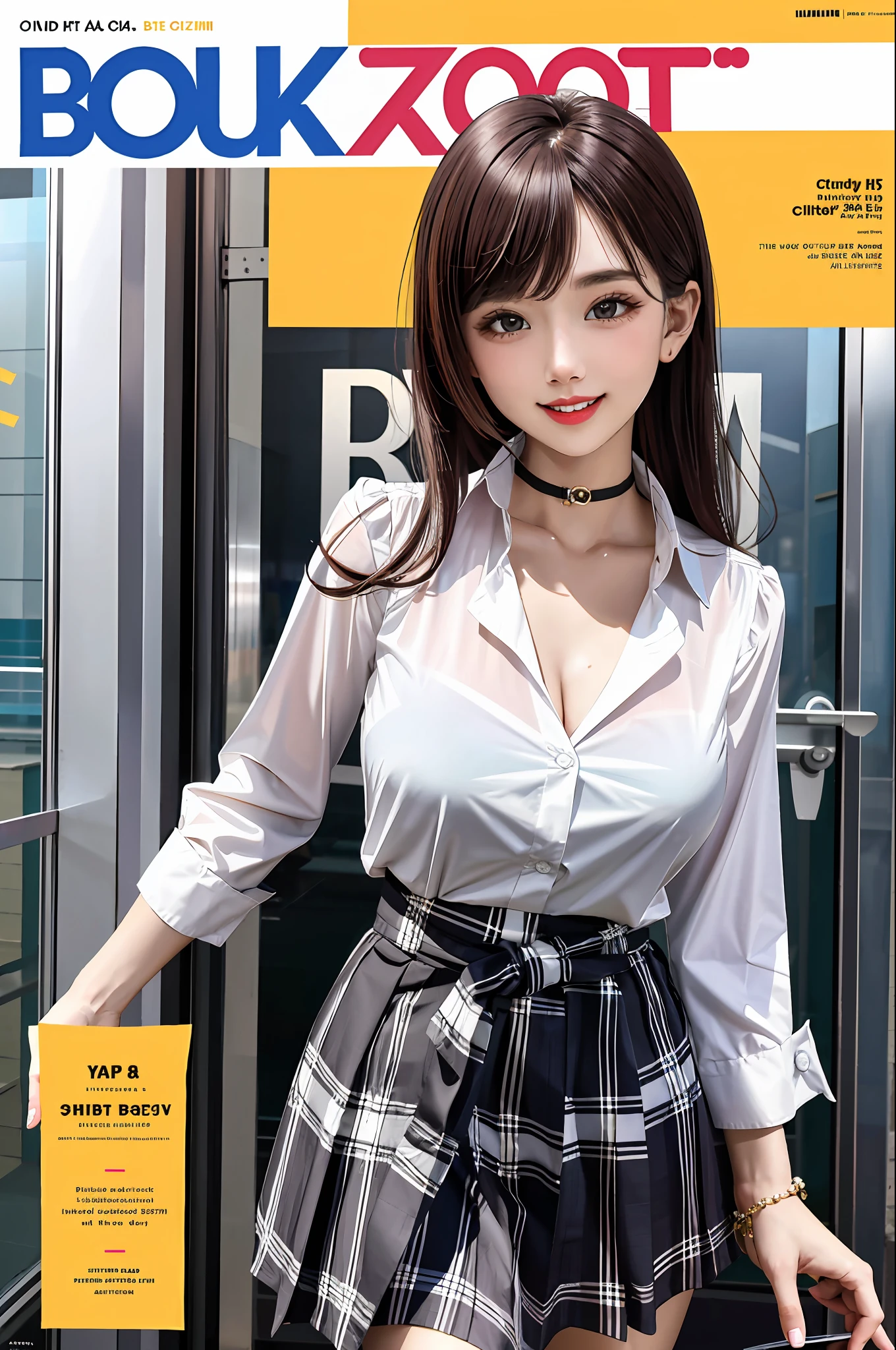 masterpiece, best quality, full body, 1girl, bangs, black choker, black necktie, black hair, blue skirt, blush, bracelet, breasts, choker, clothes around waist, collarbone, collared shirt, cowboy shot, dress shirt, ear piercing, eyebrows visible through hair, gradient hair, grin, gyaru, jewelry, kogal, long hair, looking at viewer, loose necktie, necktie, piercing, plaid, plaid skirt, pleated skirt, red eyes, ring, school uniform, shirt, skirt, smile, solo, white shirt, street, sky, cherry blossoms, petals,illustration, (magazine:1.3), (cover-style:1.3), fashionable, woman, vibrant, outfit, posing, front, colorful, dynamic, background, elements, confident, expression, holding, statement, accessory, majestic, coiled, around, touch, scene, text, cover, bold, attention-grabbing, title, stylish, font, catchy, headline, larger, striking, modern, trendy, focus, fashion,