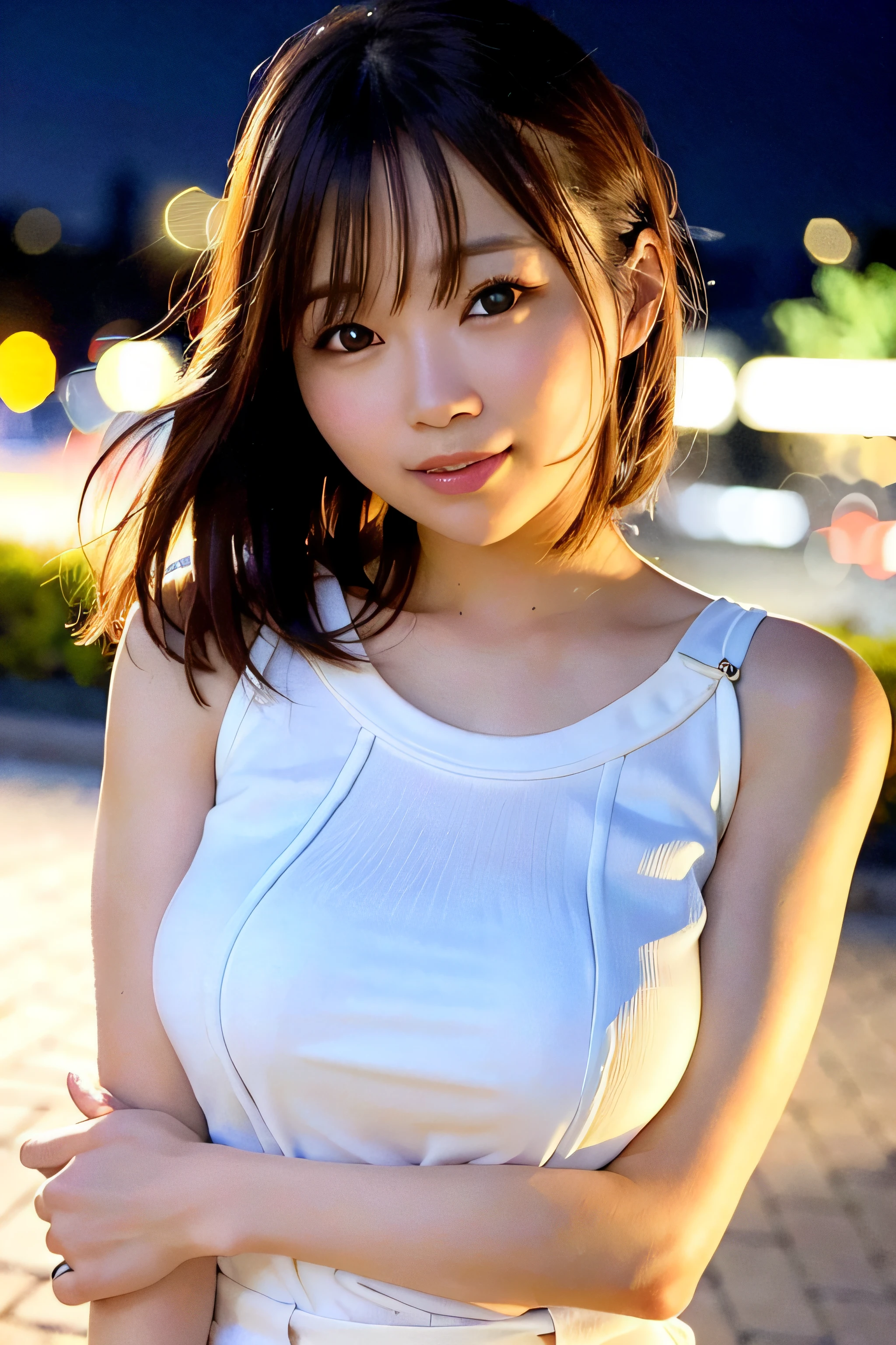 (skin blemish:1.2), (skindentation), black eye, 1woman, 25yo, (((woman))), solo, realistic, best quality, photorealistic, masterpiece, 8k, high res, solo, extremely detailed face, (professional lighting, bokeh), (light particles, lens flare, glowing particles:0.6), (dynamic pose:1.2), soft lighting, top angle view, fashionable and trendy atmosphere, japan, street, tokyo, harbour, skytree, tokyo tower, ((daytime)), sky, ((looking at the viewer:1)), (looking at the camera),(portrait:0.6), cowboy shot, gorgeous, standing, keep original facial proportion, wide shoulder, full body, (medium breast), (medium hair), brown hair, floating hair, lips, lipstick, seductive smile, floating hair, smile, open_mouth, teeth, blouse, (flowery pattern summer dress:1), eyelashes, mole, (mole under eye:1),