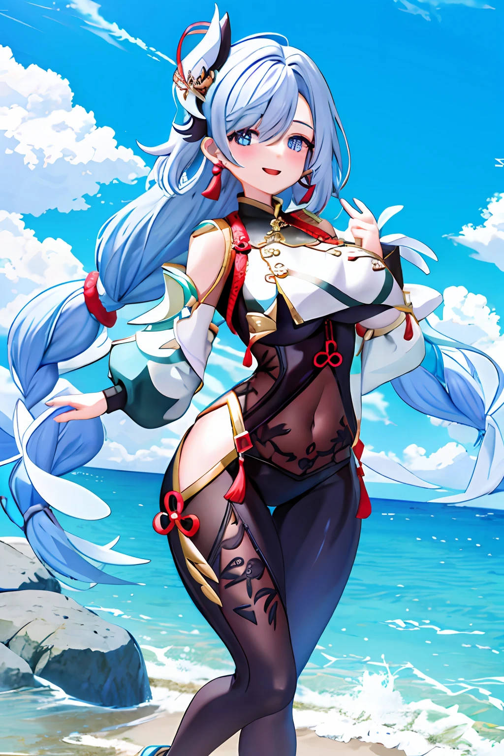 Shenhe,busty figure,having fun,cropped shoulders,The middle of the chest is open,The stockings opened several large holes,exposing her chest,Exposing the abdomen,Fleshy thighs,The base of the thighs is soft,Pink underarms,Ocean park,Comic cover style,Comic title,tmasterpiece, High- sharpness, high high quality, 详细的脸, detailed body render