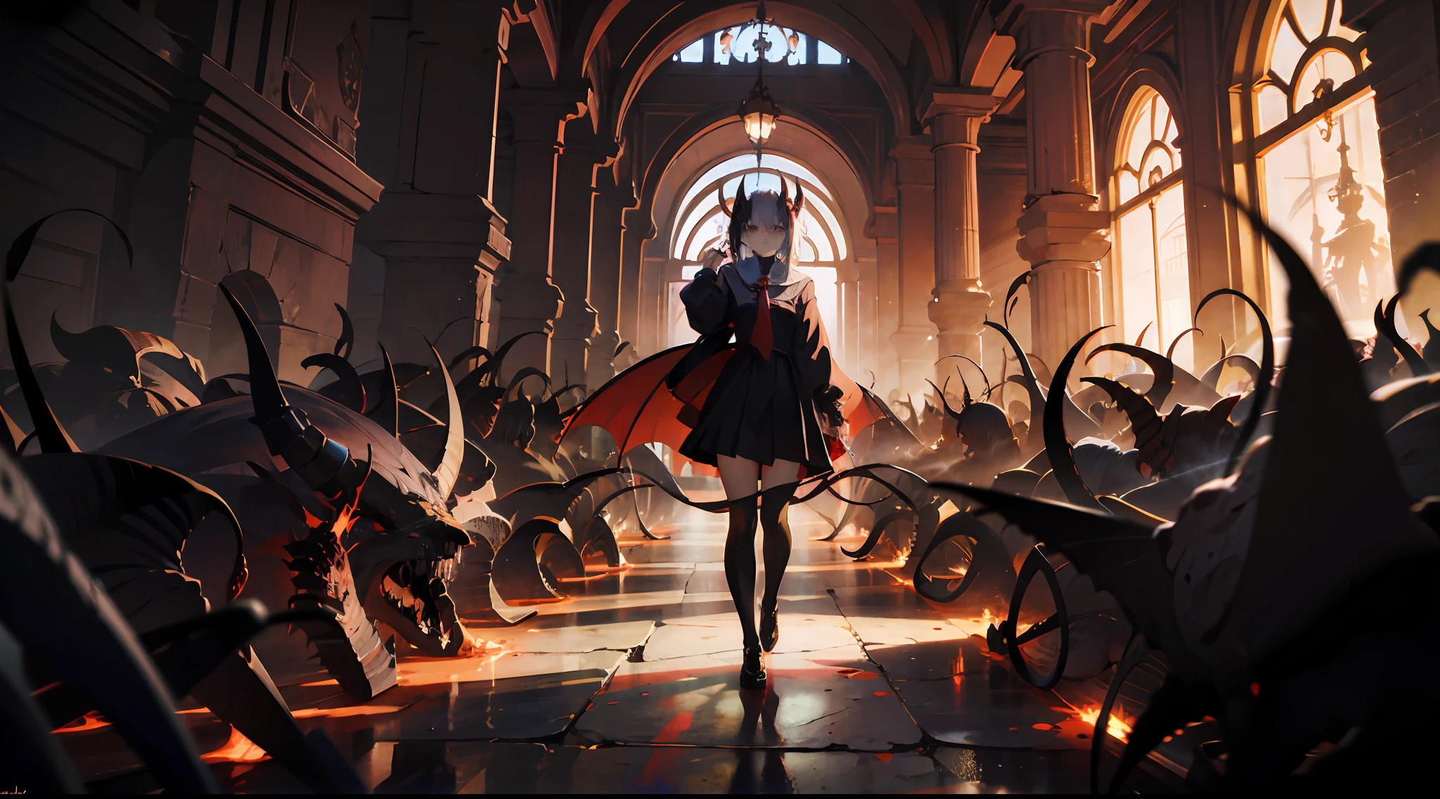 Anime girl playing computer in gloomy hell，Look with lonely eyes，There were countless pairs of demon eyes in hell looking at her，There were bloody corpses all around, The demon's hands stretched out from the blood-colored lake