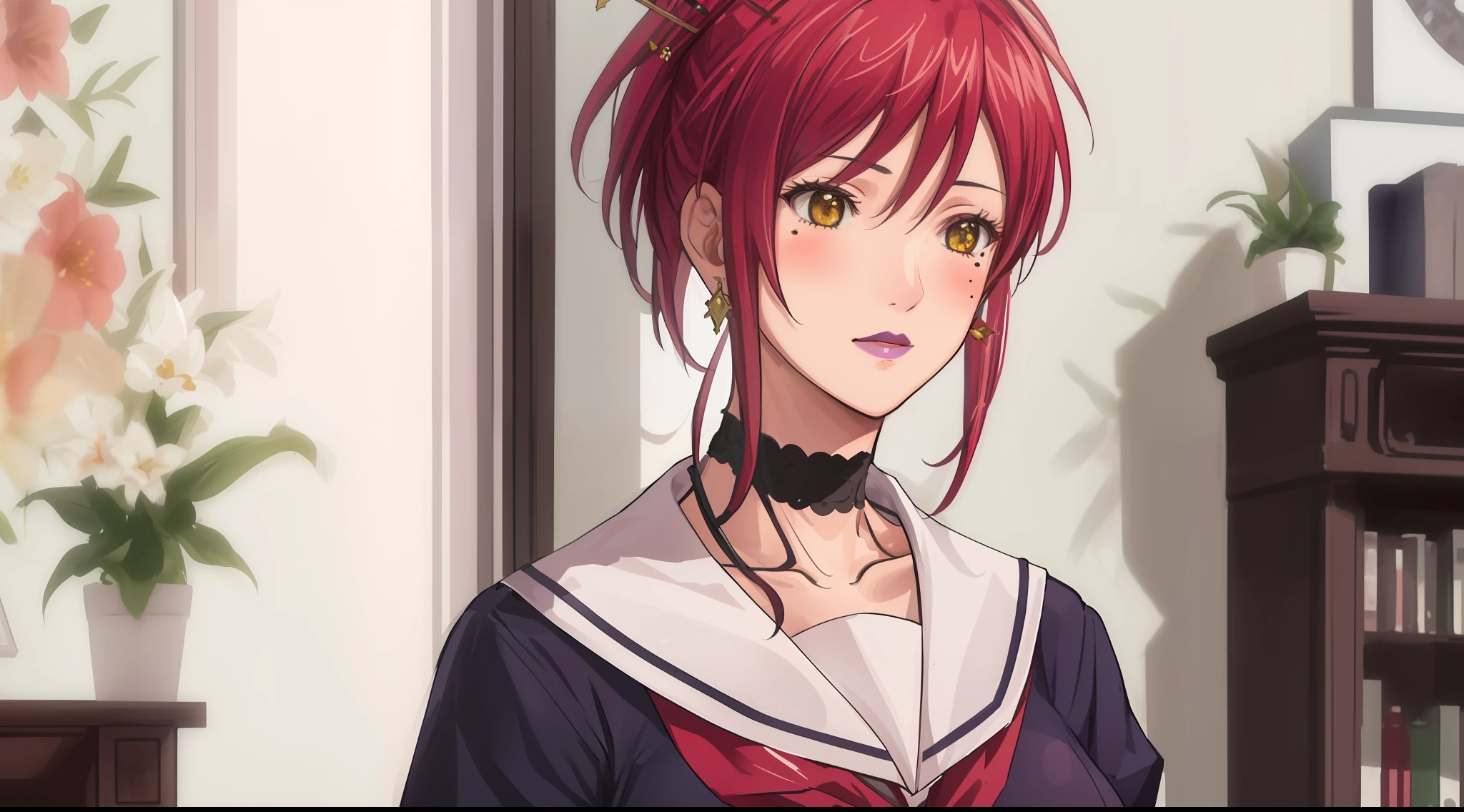 (Masterpiece, Best Quality, High Quality:1.4), professional artwork, Intricate Details, field of view, sharp focus, detailed painting, photorealistic lighting, trending on pixiv, face shot, (vivid lighting, vibrant colors:1.05), realistic shadows, ambient occlusion,
Marie Mamiya, mature female, milf, solo, (curvy:1.1), luxury room, (half body shot:1.1),
(red hair:1.05), hair ornament, lipstick, makeup, (mole under eye:0.9), choker, ultra detail hair, ultra detail face, (yellow glowing eyes:1.05), perfect eyes, perfect face, perfect retina, earrings, (seductive look, blush:1.15),
(school_uniform:1.4), choker, necklace, fingernails,
(Large Breasts:1.15)