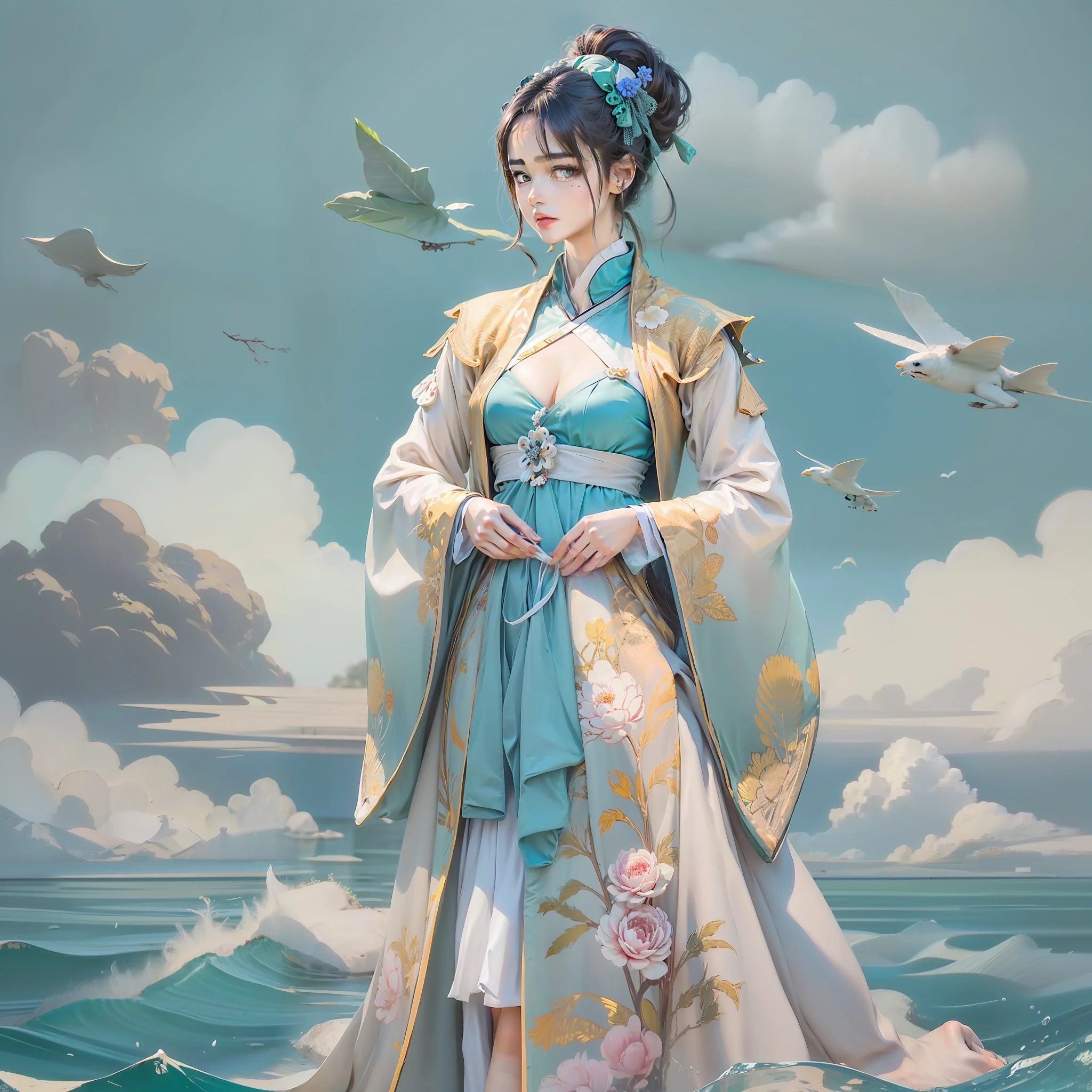 Masterpiece,Best quality,absurderes,Original,Extremely delicate and beautiful,Beautiful detailed eyes and face,1girll, black_Hair, flower, Japanese_clothes, Looking_at_peeping at the viewer, dark mole, Red_flower, Solo,(Masterpiece:1.4),(Best quality:1.4),chch-style