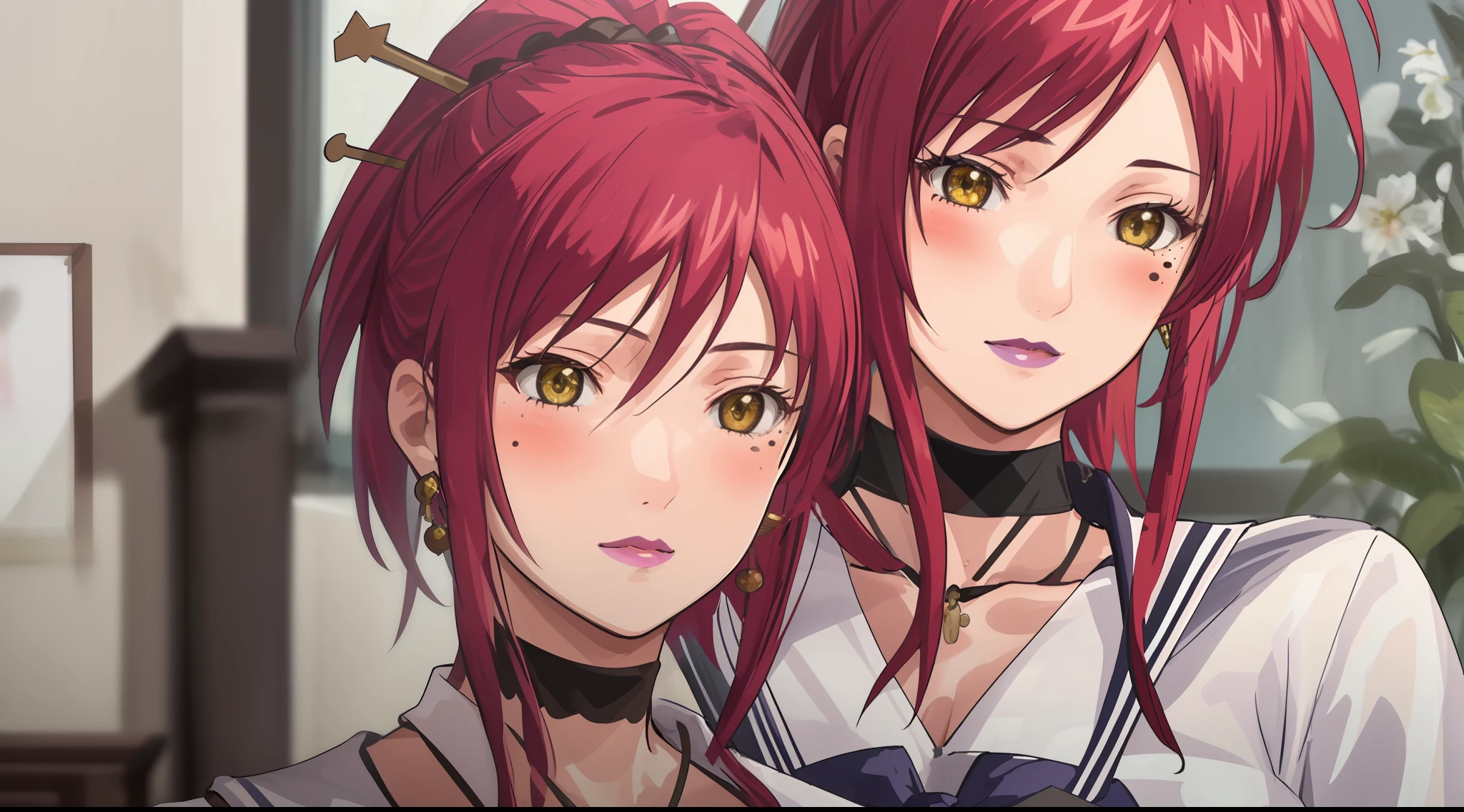 (Masterpiece, Best Quality, High Quality:1.4), professional artwork, Intricate Details, field of view, sharp focus, detailed painting, photorealistic lighting, trending on pixiv, face shot, (vivid lighting, vibrant colors:1.05), realistic shadows, ambient occlusion,
Marie Mamiya, mature female, milf, solo, (curvy:1.1), luxury room, (half body shot:1.1),
(red hair:1.05), hair ornament, lipstick, makeup, (mole under eye:0.9), choker, ultra detail hair, ultra detail face, (yellow glowing eyes:1.05), perfect eyes, perfect face, perfect retina, earrings, (seductive look, blush:1.15),
(school_uniform:1.4), choker, necklace, fingernails,
(Large Breasts:1.15)