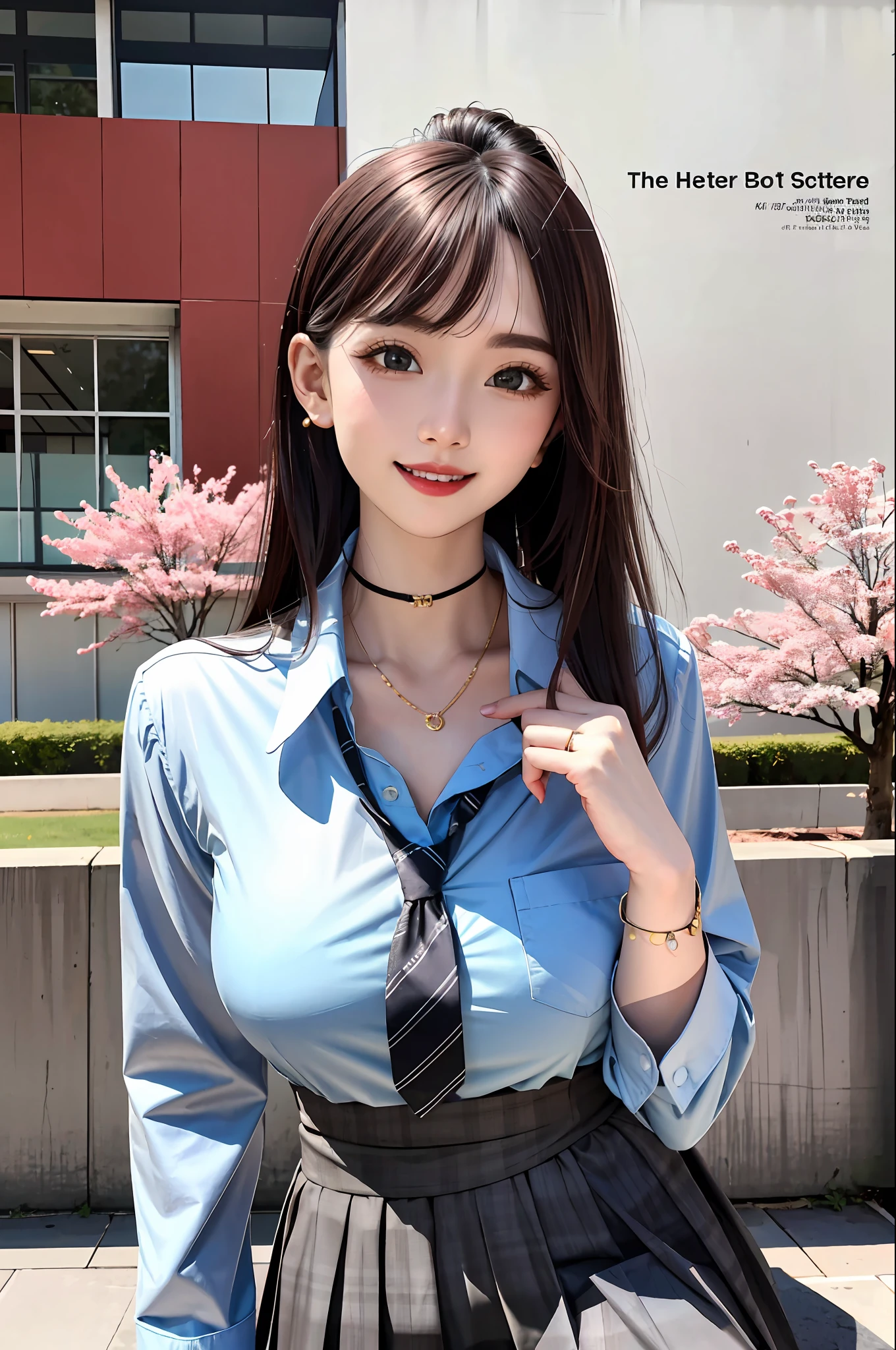 masterpiece, best quality, full body, 1girl, bangs, black choker, black necktie, black hair, blue skirt, blush, bracelet, breasts, choker, clothes around waist, collarbone, collared shirt, cowboy shot, dress shirt, ear piercing, eyebrows visible through hair, gradient hair, grin, gyaru, jewelry, kogal, long hair, looking at viewer, loose necktie, necktie, piercing, plaid, plaid skirt, pleated skirt, red eyes, ring, school uniform, shirt, skirt, smile, solo, white shirt, street, sky, cherry blossoms, petals,illustration, (magazine:1.3), (cover-style:1.3), fashionable, woman, vibrant, outfit, posing, front, colorful, dynamic, background, elements, confident, expression, holding, statement, accessory, majestic, coiled, around, touch, scene, text, cover, bold, attention-grabbing, title, stylish, font, catchy, headline, larger, striking, modern, trendy, focus, fashion,