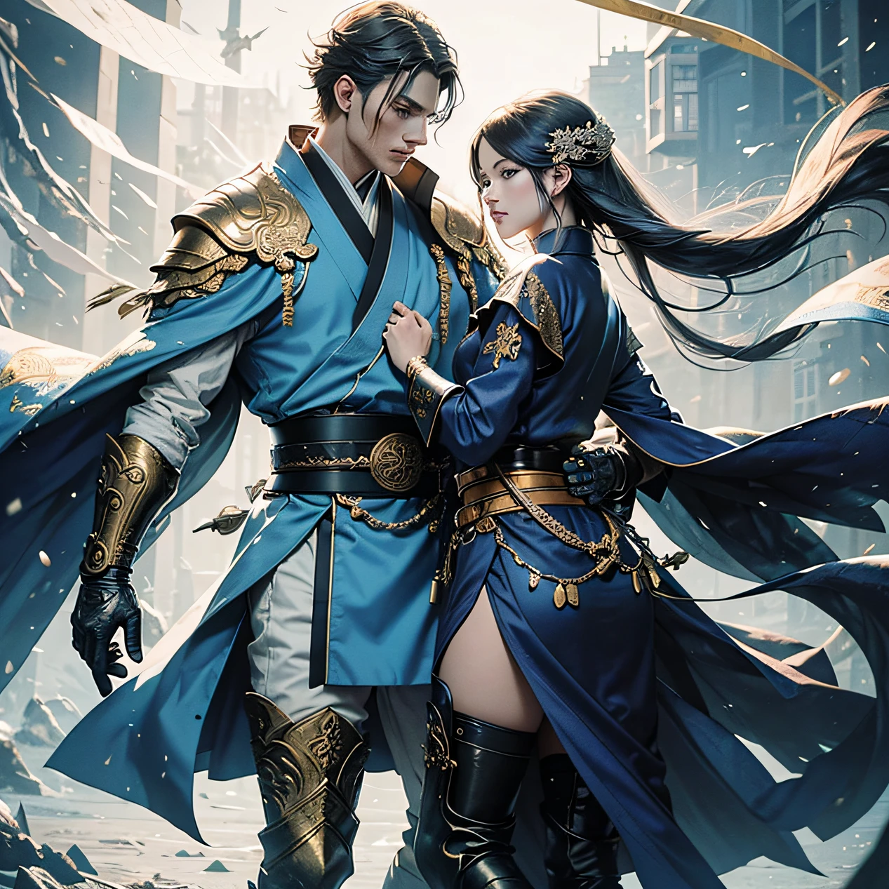 The ice-blue eyes were amorous and indifferent，High nose，Dressed in a blue brocade robe，holding a white folding fan in his hand，A gold belt around the waist，A pair of black boots on his legs，An egg-sized piece of peiyu behind the boot。Martial arts are unfathomable，Gentle，He is the best expression of perfection。In addition, the whole person exudes a charming kingly atmosphere，Reluctantly looking away from his face。He is so beautiful that it seems to blur men and women，The evil face revealed a careless maturity，Sakura casually swirled around him，From time to time it falls on his hairpins，So beautiful，It can't be described in words。 --auto