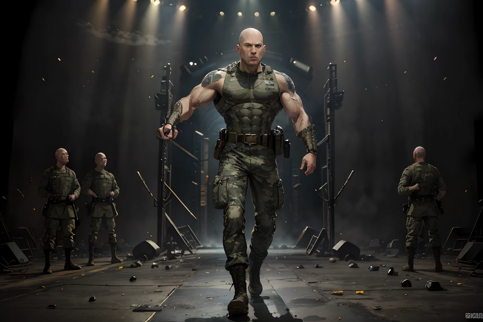 A bald muscular soldier wearing camouflage pants and police boots，Show your muscles on stage --auto