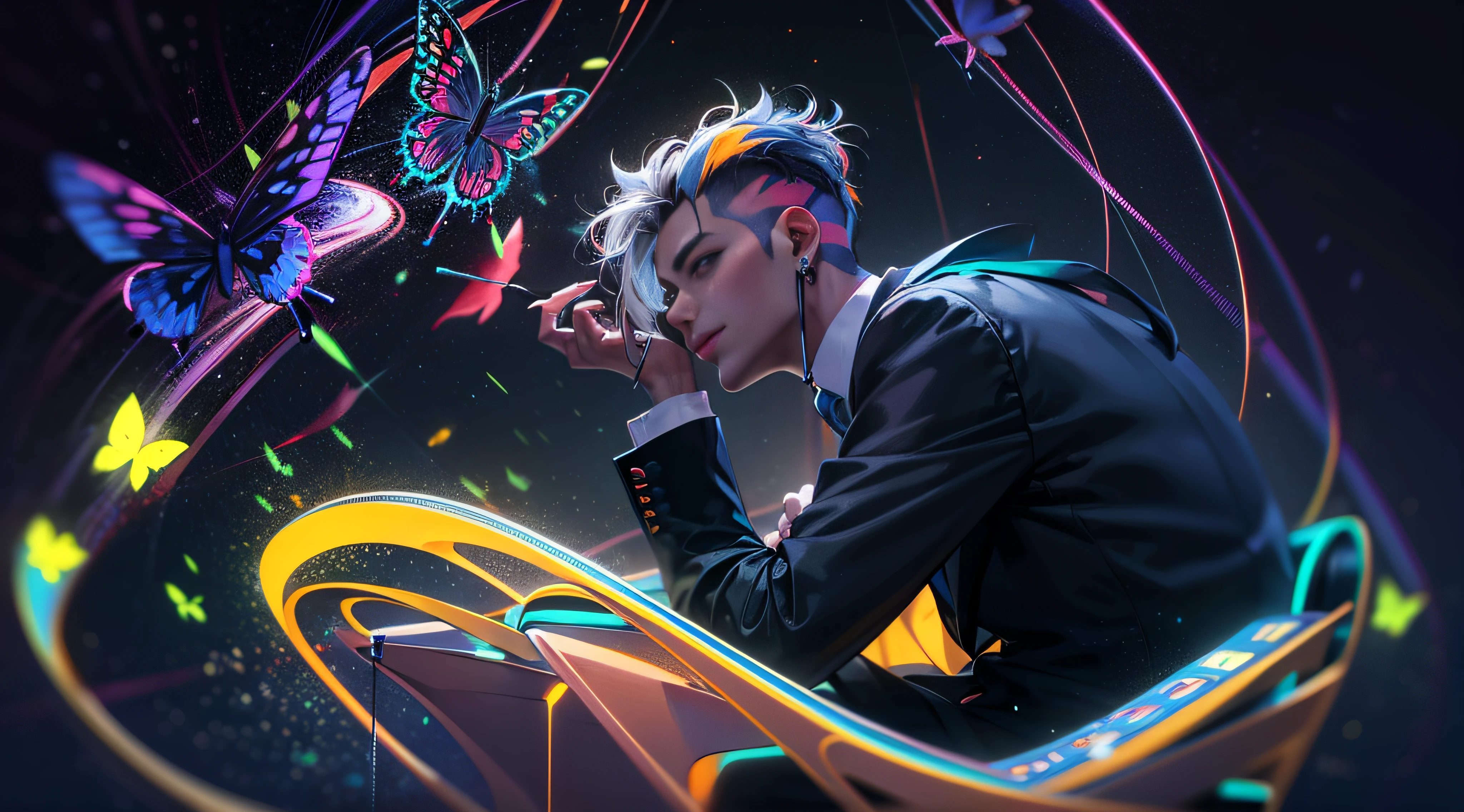 A male, sit on chair, In black suit, Butterflies flutter around, stage lighting, cyber punk perssonage, Neon background, streaked hair, bright pupils, seductive smile, film grain, motion lines, Hyperrealism, bokeh, f/1.8, masterpiece, highres, 16k
