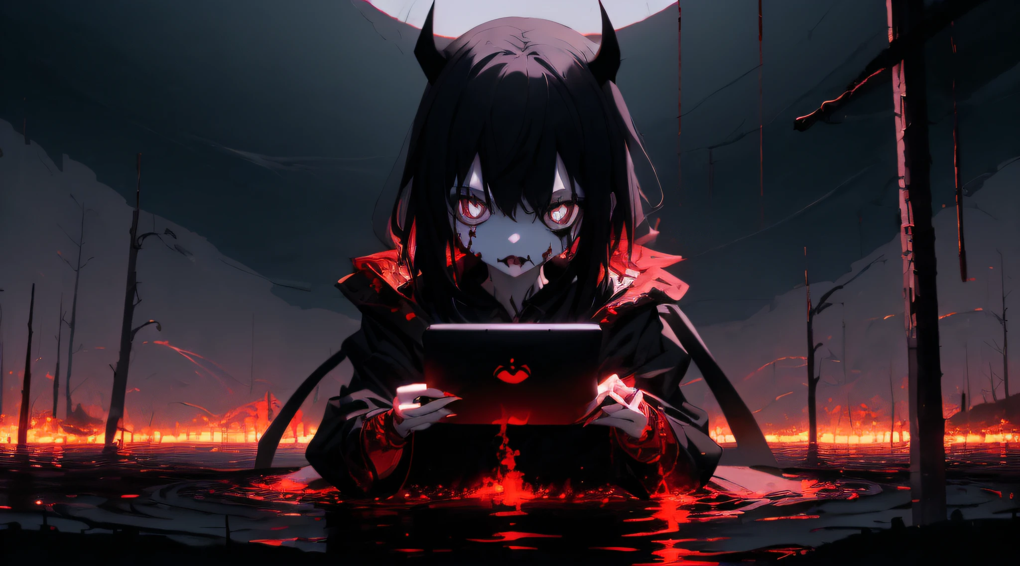 Anime girl playing computer in gloomy hell，Look with lonely eyes，There were countless pairs of demon eyes in hell looking at her，There were bloody corpses all around, The demon's hands stretched out from the blood-colored lake