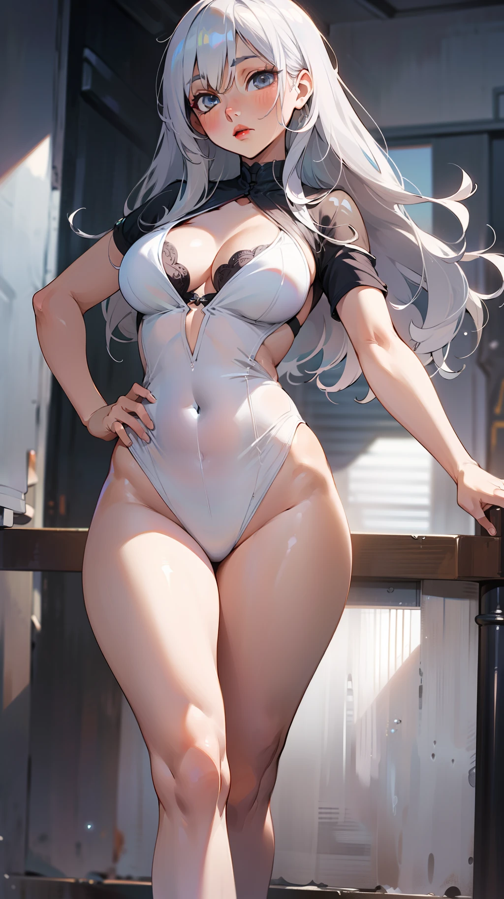Master anime work, impeccable masterpiece, a sexy mature modern woman in cool sexy modern clothes standing on a pure white background, flowing silver hair, full body standing, slender legs, straight breasts, detailed face details, natural and beautiful standing, vivid and real body details, perfect abdomen