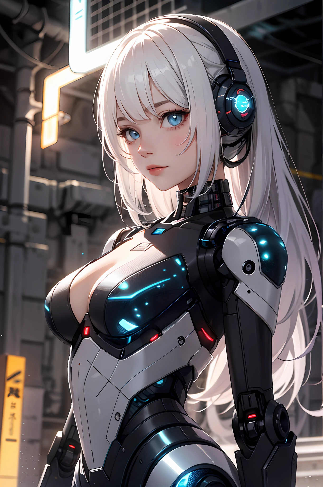 absurderes，A high resolution，Reflectors，refractions：1.4，super-fine：1.4，（真实感：1.4，超A high resolution，RAW photos），Break（cyber punk perssonage：1.3），droid，robot-girl，silber hair，The upper part of the body，Beautiful face and cool expression，In the dark and decaying ruins，（ultra-wide-angle：1.2），Take a break from below（（neonlight，Vibrant glow，Dynamic colors，Vivid Contrast，Futuristic atmosphere，electric energy，shiny reflective surfaces））