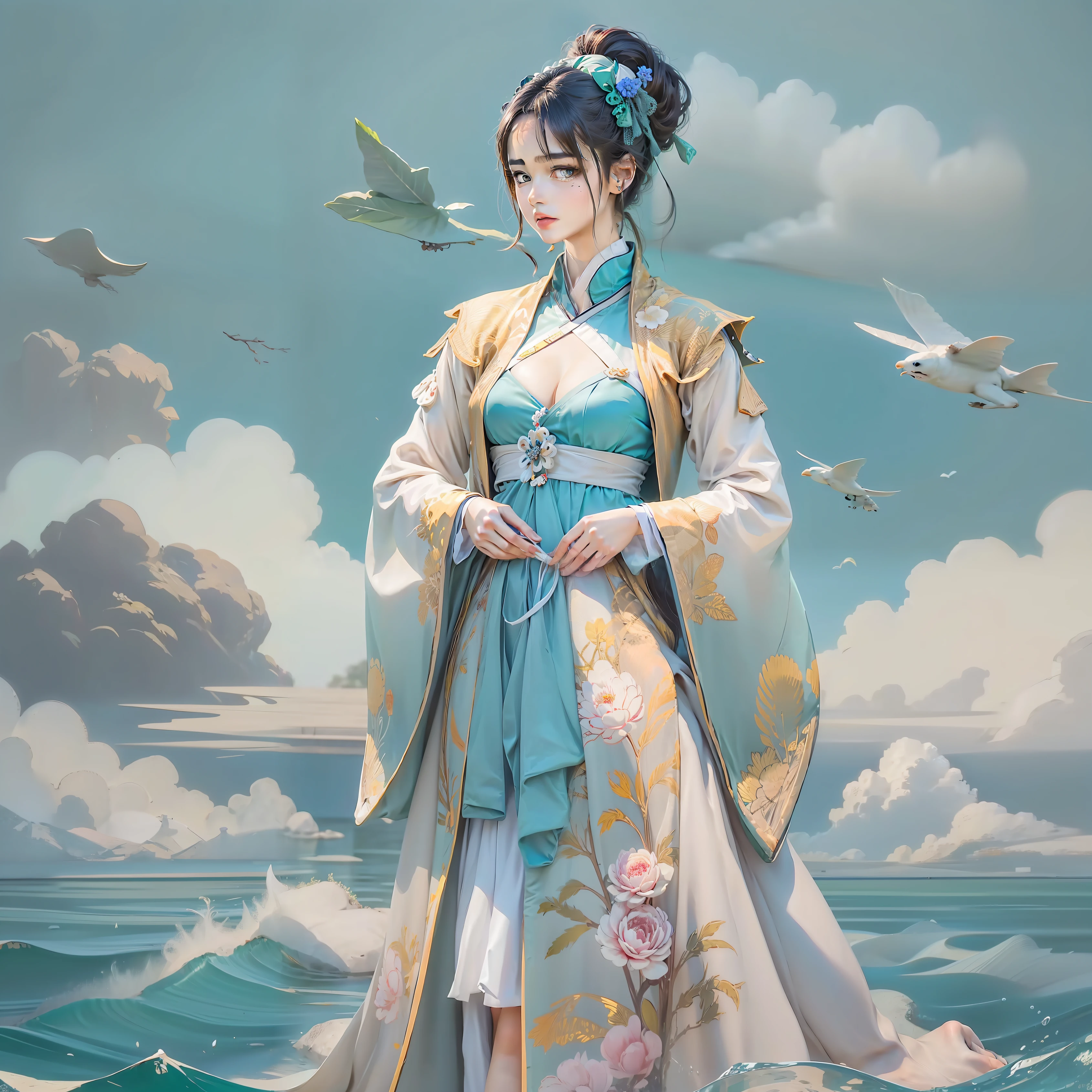 Masterpiece,Best quality,absurderes,Original,Extremely delicate and beautiful,Beautiful detailed eyes and face,1girll, black_Hair, flower, Japanese_clothes, Looking_at_peeping at the viewer, dark mole, Red_flower, Solo,(Masterpiece:1.4),(Best quality:1.4),chch-style