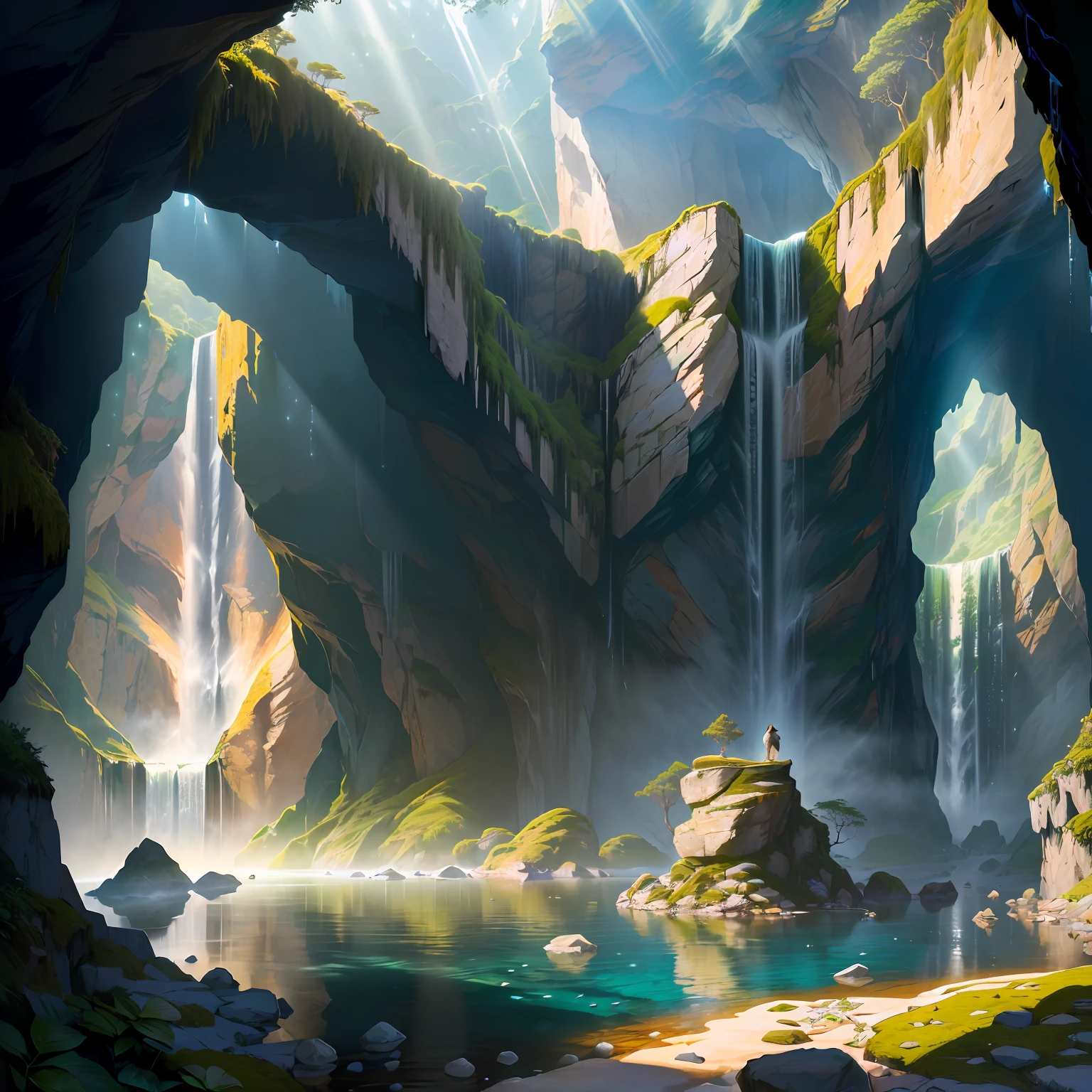((best quality)), ((masterpiece)),(realistic), (detailed)(Wide-angle view), (serene),(tranquil), open cave , (sparkling, crystal-clear) water falling from a (tall, jagged) waterfall, Natural, Scenic, Refreshing, Calming, Mystical, Magical, (harmonious, earthy color palette), (smooth, curved lines), (moss-covered rocks), (soft, natural carpet), (sunlight filtering through), (god rays), (sparkling patterns on the cave walls), (majestic and powerful waterfall), (misty atmosphere), detailed background, (lush, green foliage), (birds and insects), morning, Realistic, detailed, (texture and natural beauty), depth and perspective, insanely detailed, , ((masterpiece)), absurdres, HDR,