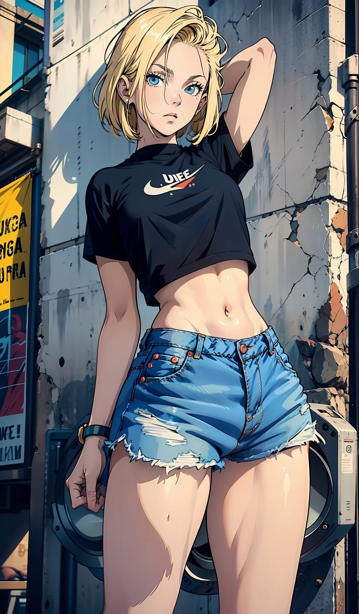 Android 18, muito sensual, com roupas de funkeira, brasileira, na cidade do rio de janeiro, Brasil, dancing funk, rebolando, bunda grande, pernas grossas, usando um short jeans extremamente curto, usando uma mini blusa, umbigo com pirsing, sneakers Nike, cabelo comprido, Speaker behind, corpo inteiro, muito realista, extremamente sexy, 8k, 8k extremamente detalhado), (um extremamente delicado e bonito), (obra-prima), (melhor qualidade: 1.0), (ultra highres:1.0)