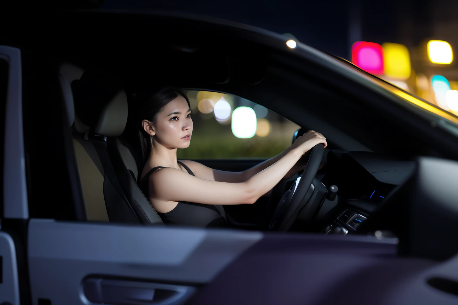 Arapei woman driving in car at night Driving at night, Drive fast, A high resolution, portrait shooting, mid shot portrait, Driving, deep in the night, busy night, LED, auto photography, nightlife, taken with canon eos 5 d mark iv, shot with canon eoa 6 d mark ii, close up portrait shot, taken with a Sony A7R camera,Very realistic,Real Human,prette --auto