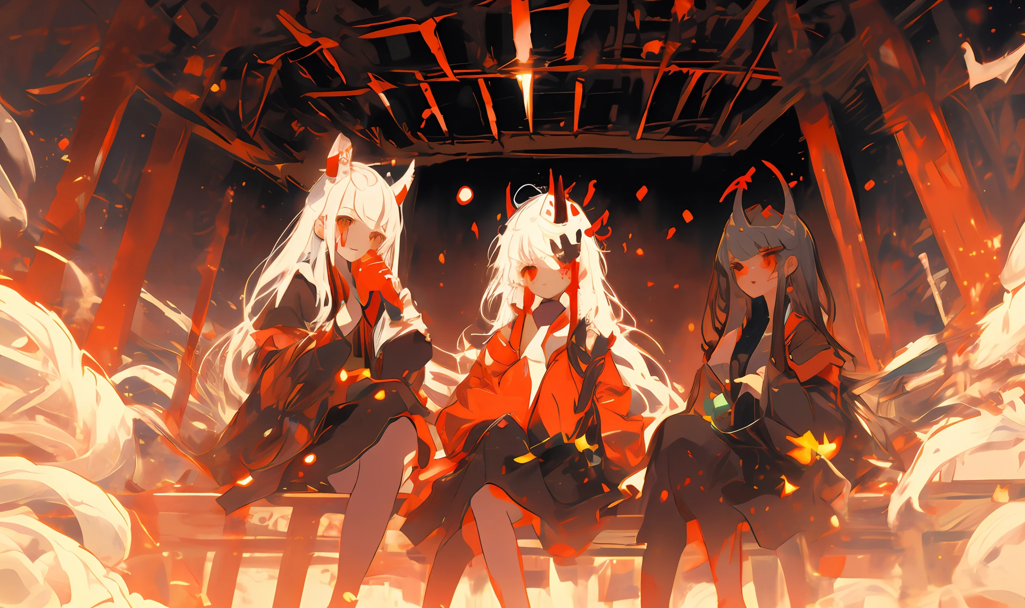 quadratic element，White-haired little loli,Height 1 m 4，Ghost horns on the forehead。Colorful Hanfu，Covered in blood。The tail wags。He shook his long snow-white legs。A person sits quietly in a dark space where there is nothing。