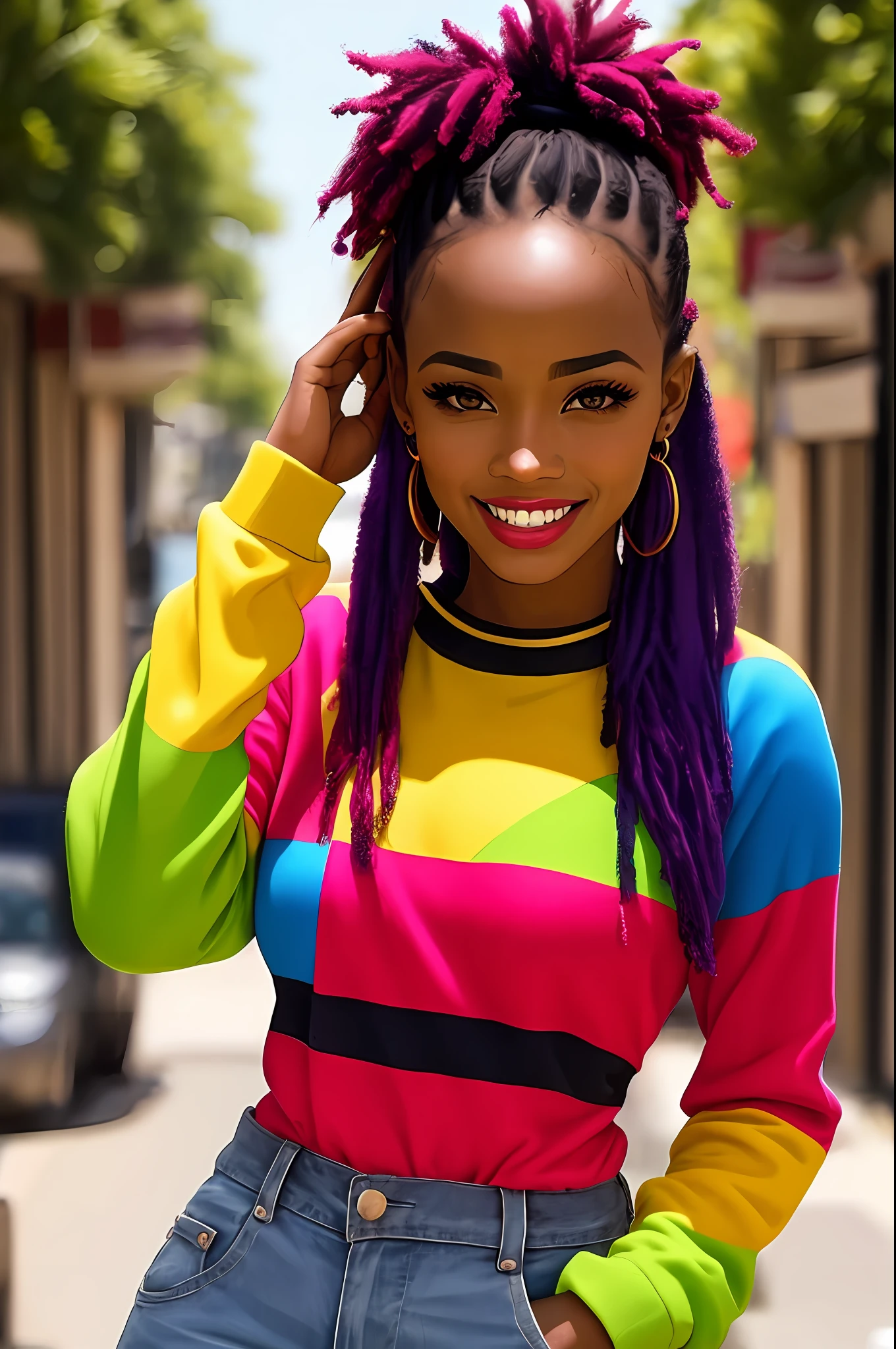 description: Gere uma imagem da Harley quinn (corpo inteiro)with totally African characteristics, incluindo pele escura, cabelo enrolado e colorido.)
Instructions for generating the image:
1. A Arlequina deve ser representada como uma mulher (africana, com pele escura )and facial features that reflect the ethnic and cultural diversity of the African continent.
2. Seu cabelo deve ser naturalmente (enrolado, com cachos definidos e cheios), demonstrando a beleza dos diferentes estilos e texturas de cabelo afro.
3. Hair coloring should be vibrant, usando cores como azul, rosa, verde ou roxo, que combinem harmoniosamente com sua (pele escura )e realcem sua personalidade marcante.
4. Ela deve estar vestindo um traje de batalha)na personagem original da Arlequina, with a predominance of black and red colors, azul,amarelo e rosa,but with elements that value the richness of cultural traditions( africanas.)
5. Harley Quinn's pose should be dynamic, reflecting his outgoing and energetic personality,sorridente) and allowing you to highlight your African identity with confidence.
6. O fundo da imagem pode ser uma paisagem urbana, allusion to a cyber punk city t, or any scenery that refers to the bustling city, mas com elementos que possam representar a cultura africana de forma respeitosa, respeitoso, Sensitive and respectful way;, avoid stereotypes and cultural appropriation. Enfatize a beleza e a diversidade da cultura africana, proporcionando uma imagem empoderadora da Arlequina.
Contar: Use sensory descriptions to enhance the image, destacando a (textura do cabelo,) os detalhes do traje, the facial expression and atmosphere of the scenery.
da Arlequina; 32k,ultra realista