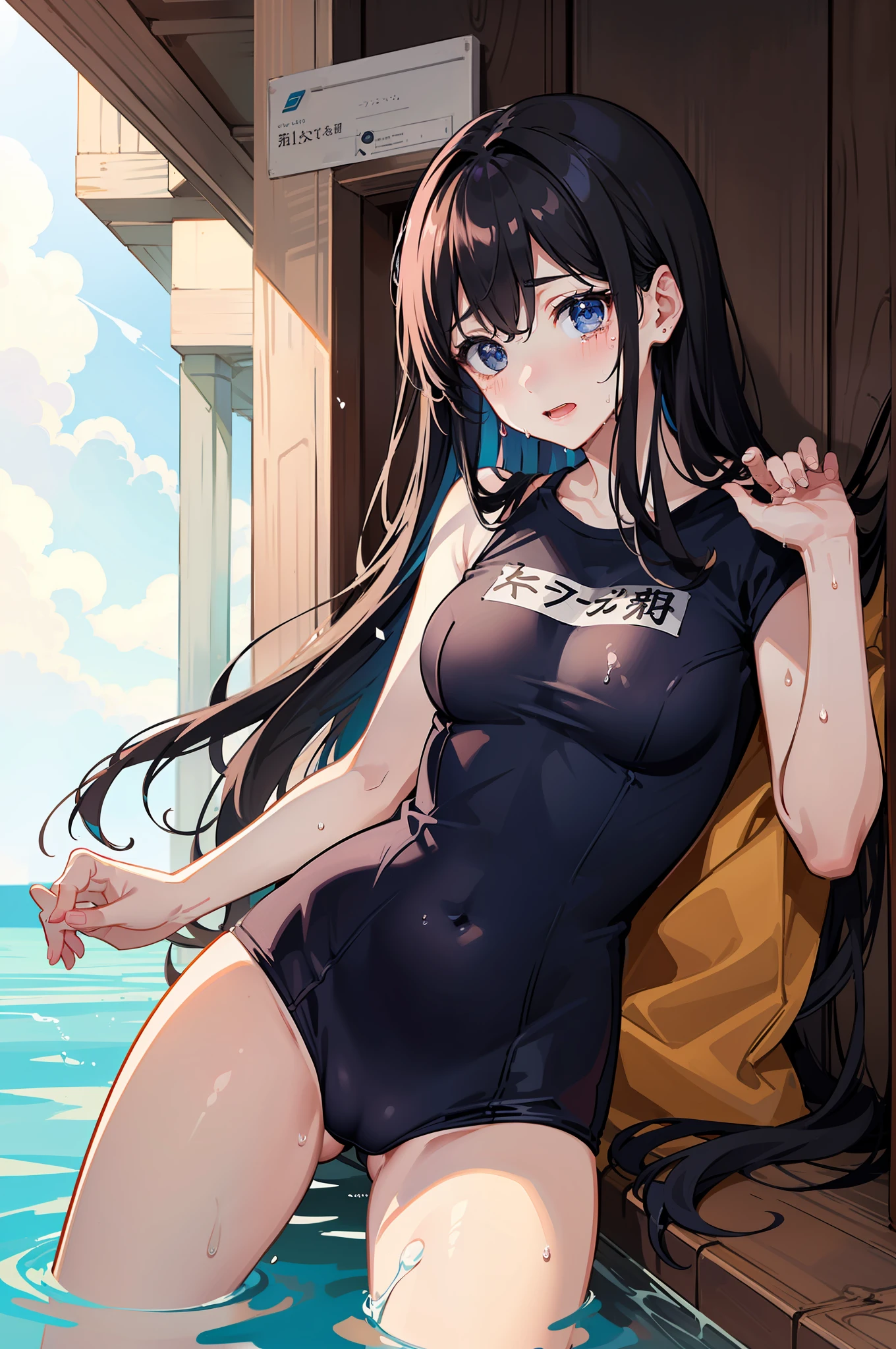 ((top-quality))、((masterpiece))、1girl in、Formal-up、beautiful detailed eyes and face、pretty skin、a very cute、Young Face、School swim wear(darkblue、Fine details、Matte texture、Wrinkle、dry、Nero、shadings、)Wet body、Anime Face、Beautie、Facing the front、big eye(Beautiful fece、Anime Face、Clear eyes、Fine details、Beautiful eyes)Well-formed face(Beautiful nasal muscles、Perplexed、sharp mouth)full of sweat、sodden、Wet feeling、Background with(sunny sky、takeout)、8K picture quality、perfectly proportions、A slender、red blush, embarrassed from, crying how bright、female focus on, hair adornments,length hair, Look at viewers,