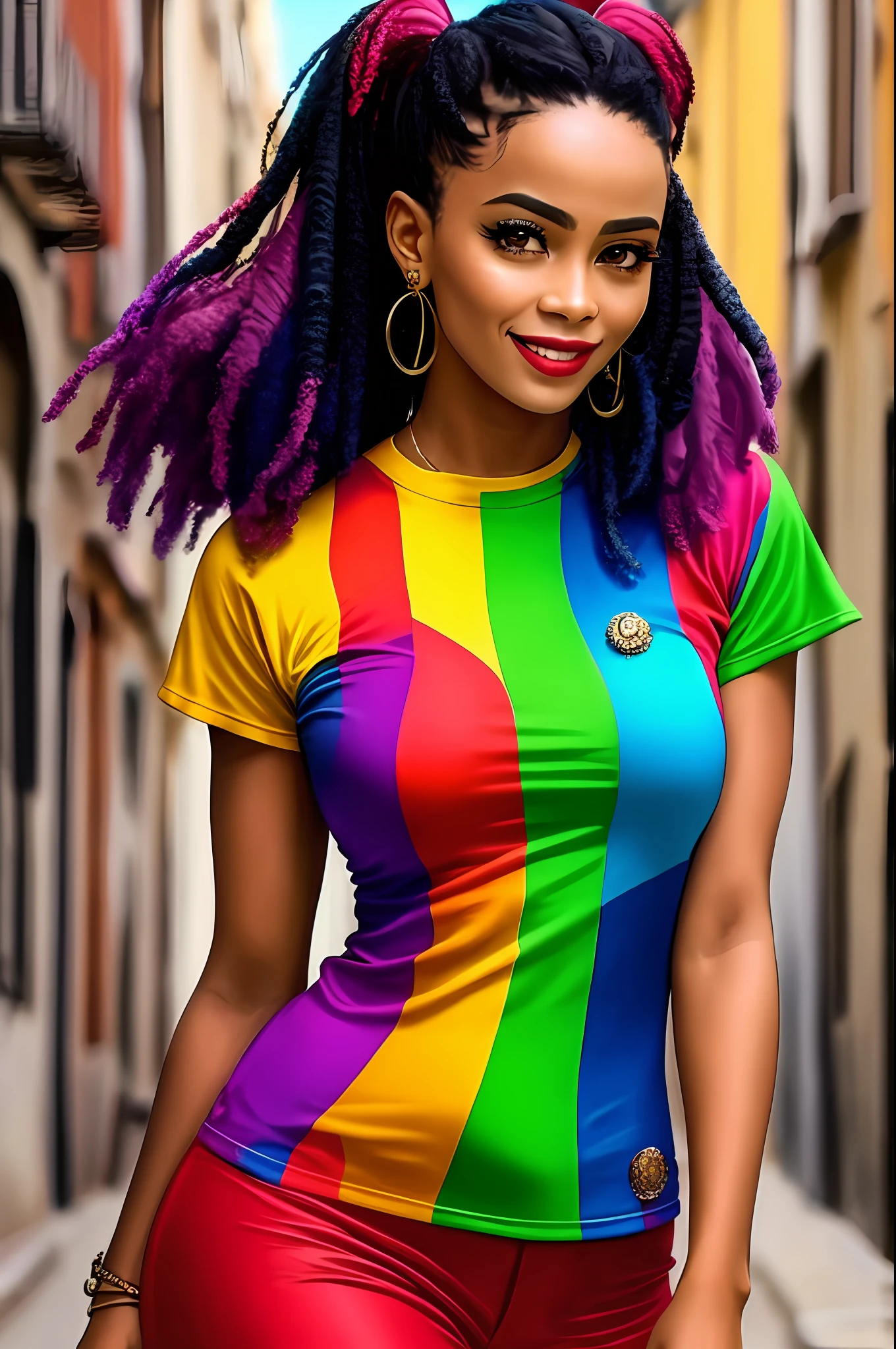 description: Gere uma imagem da Harley quinn (corpo inteiro)with totally African characteristics, incluindo pele escura, cabelo enrolado e colorido.)
Instructions for generating the image:
1. A Arlequina deve ser representada como uma mulher (africana, com pele escura )and facial features that reflect the ethnic and cultural diversity of the African continent.
2. Seu cabelo deve ser naturalmente (enrolado, com cachos definidos e cheios), demonstrando a beleza dos diferentes estilos e texturas de cabelo afro.
3. Hair coloring should be vibrant, usando cores como azul, rosa, verde ou roxo, que combinem harmoniosamente com sua (pele escura )e realcem sua personalidade marcante.
4. Ela deve estar vestindo um traje de batalha)na personagem original da Arlequina, with a predominance of black and red colors, azul,amarelo e rosa,but with elements that value the richness of cultural traditions( africanas.)
5. Harley Quinn's pose should be dynamic, reflecting his outgoing and energetic personality,sorridente) and allowing you to highlight your African identity with confidence.
6. O fundo da imagem pode ser uma paisagem urbana, allusion to a cyber punk city t, or any scenery that refers to the bustling city, mas com elementos que possam representar a cultura africana de forma respeitosa, respeitoso, Sensitive and respectful way;, avoid stereotypes and cultural appropriation. Enfatize a beleza e a diversidade da cultura africana, proporcionando uma imagem empoderadora da Arlequina.
Contar: Use sensory descriptions to enhance the image, destacando a (textura do cabelo,) os detalhes do traje, the facial expression and atmosphere of the scenery.
da Arlequina; 32k,ultra realista