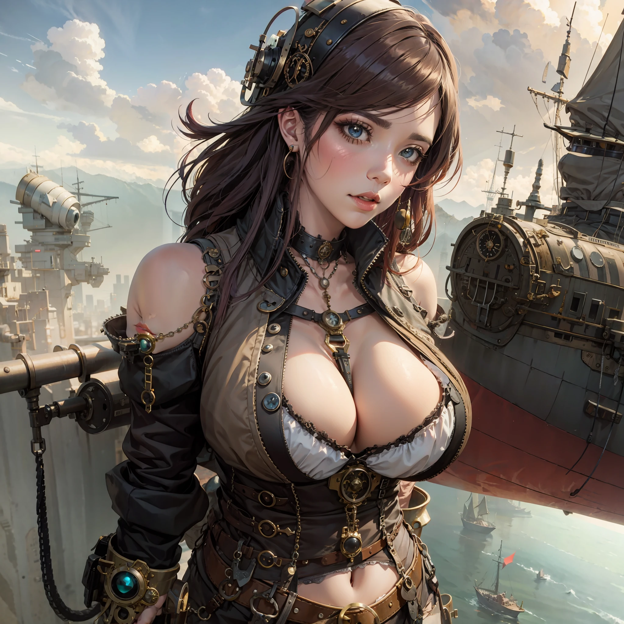 chica y atuendo steampunky de pie frente a un barco, hermosa mujer anime steampunk, 2. 5 d cgi anime fantasy artwork, anime fantasy artwork, hermosa y seductora mujer anime, seductora chica anime, steampunk de alta calidad, chica con buque de guerra partes, steampunk fantasy style, una hermosa diosa steampunk, chica steampunk, arte steampunk digital, arte de anime digital detallado