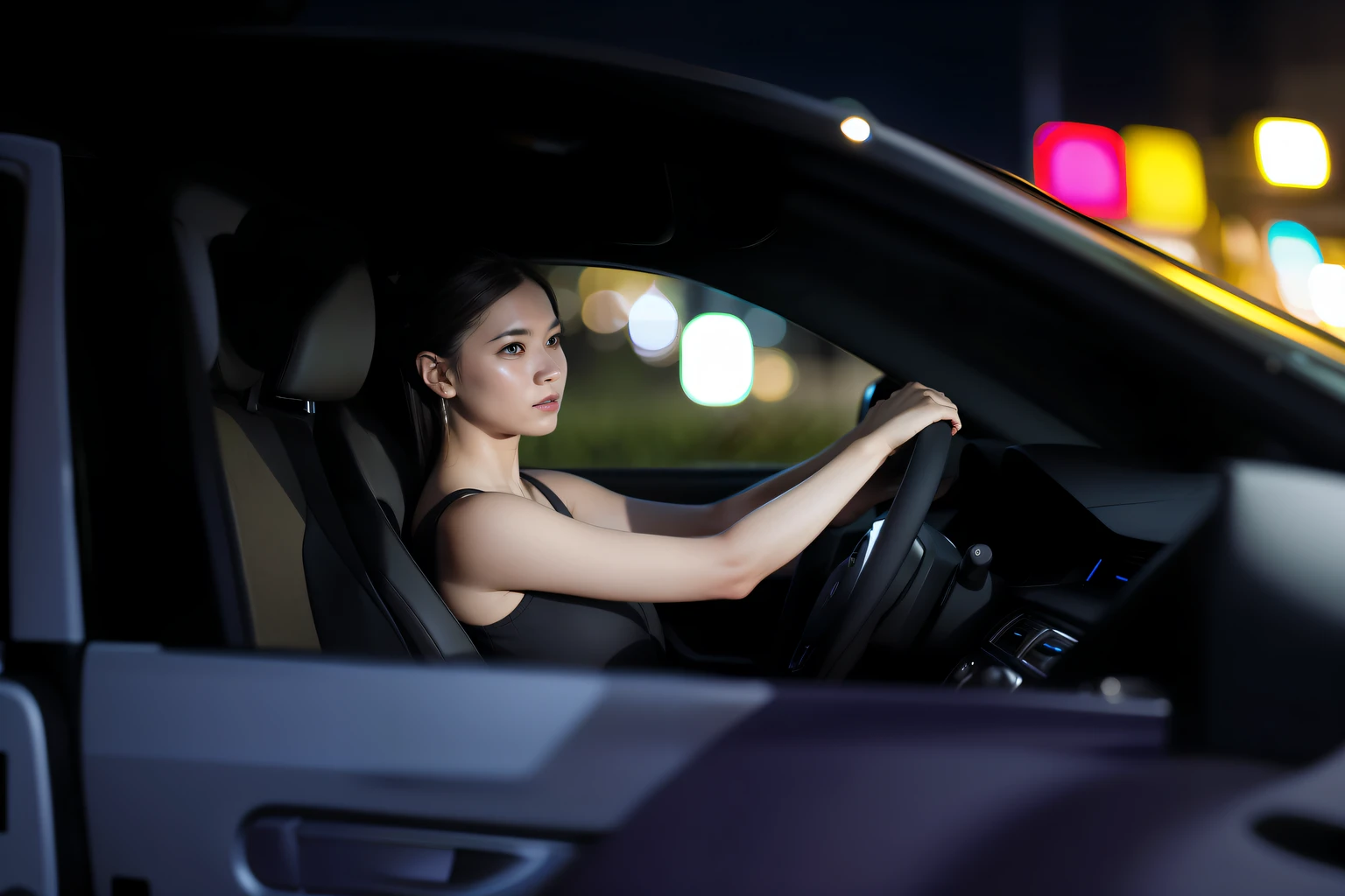 Arapei woman driving in car at night Driving at night, Drive fast, A high resolution, portrait shooting, mid shot portrait, Driving, deep in the night, busy night, LED, auto photography, nightlife, taken with canon eos 5 d mark iv, shot with canon eoa 6 d mark ii, close up portrait shot, taken with a Sony A7R camera，Very realistic，Real Human，prette --auto
