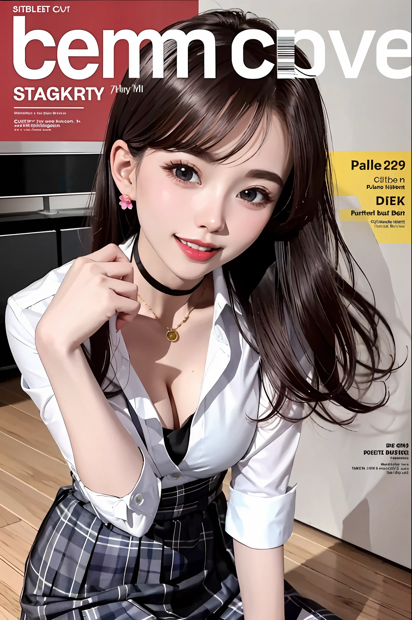 masterpiece, best quality, full body, 1girl, bangs, black choker, black necktie, black hair, blue skirt, blush, bracelet, breasts, choker, clothes around waist, collarbone, collared shirt, cowboy shot, dress shirt, ear piercing, eyebrows visible through hair, gradient hair, grin, gyaru, jewelry, kogal, long hair, looking at viewer, loose necktie, necktie, piercing, plaid, plaid skirt, pleated skirt, red eyes, ring, school uniform, shirt, skirt, smile, solo, white shirt, street, sky, cherry blossoms, petals,illustration, (magazine:1.3), (cover-style:1.3), fashionable, woman, vibrant, outfit, posing, front, colorful, dynamic, background, elements, confident, expression, holding, statement, accessory, majestic, coiled, around, touch, scene, text, cover, bold, attention-grabbing, title, stylish, font, catchy, headline, larger, striking, modern, trendy, focus, fashion,