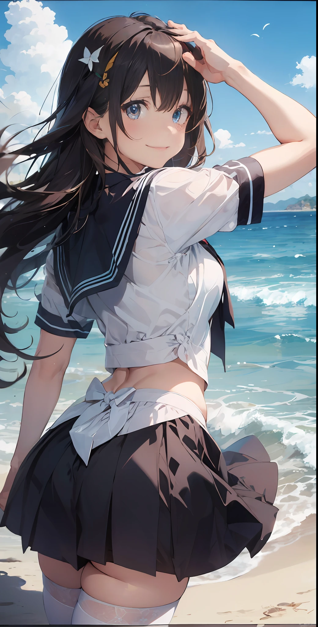 1girll, Beautiful detailed eyes, Brown hair long, Light blue eyes, a sailor suit, High white stockings, Glossy glossy skin, Seaside, beach, Waves, High contrast,ssmile，Side Body，Turn Back，no head gear，a black skirt， ((Masterpiece, Best quality))
